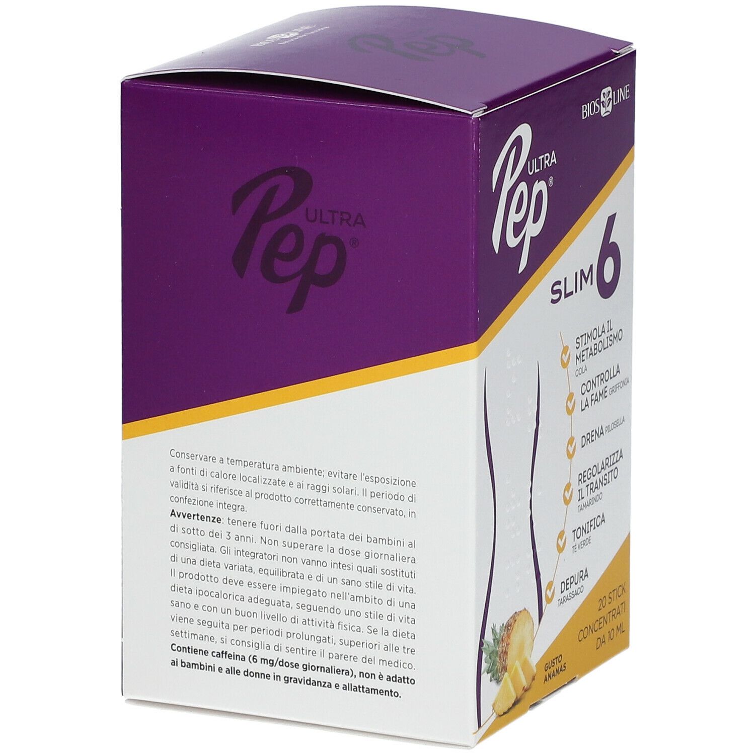 UltraPep Slim 6, Bios Line. Confezione viola con informazioni e precauzioni d'uso.