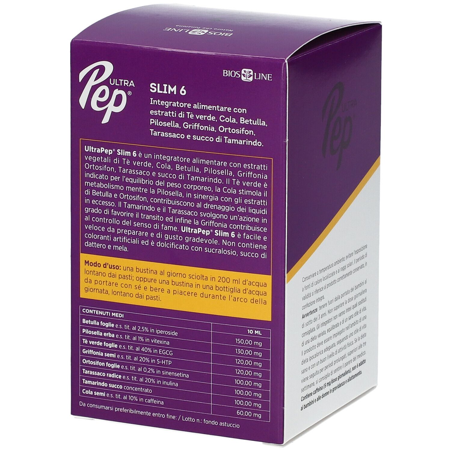 UltraPep Slim 6, Bios Line. Confezione con informazioni sugli ingredienti e istruzioni per l'uso. Testo in italiano.
