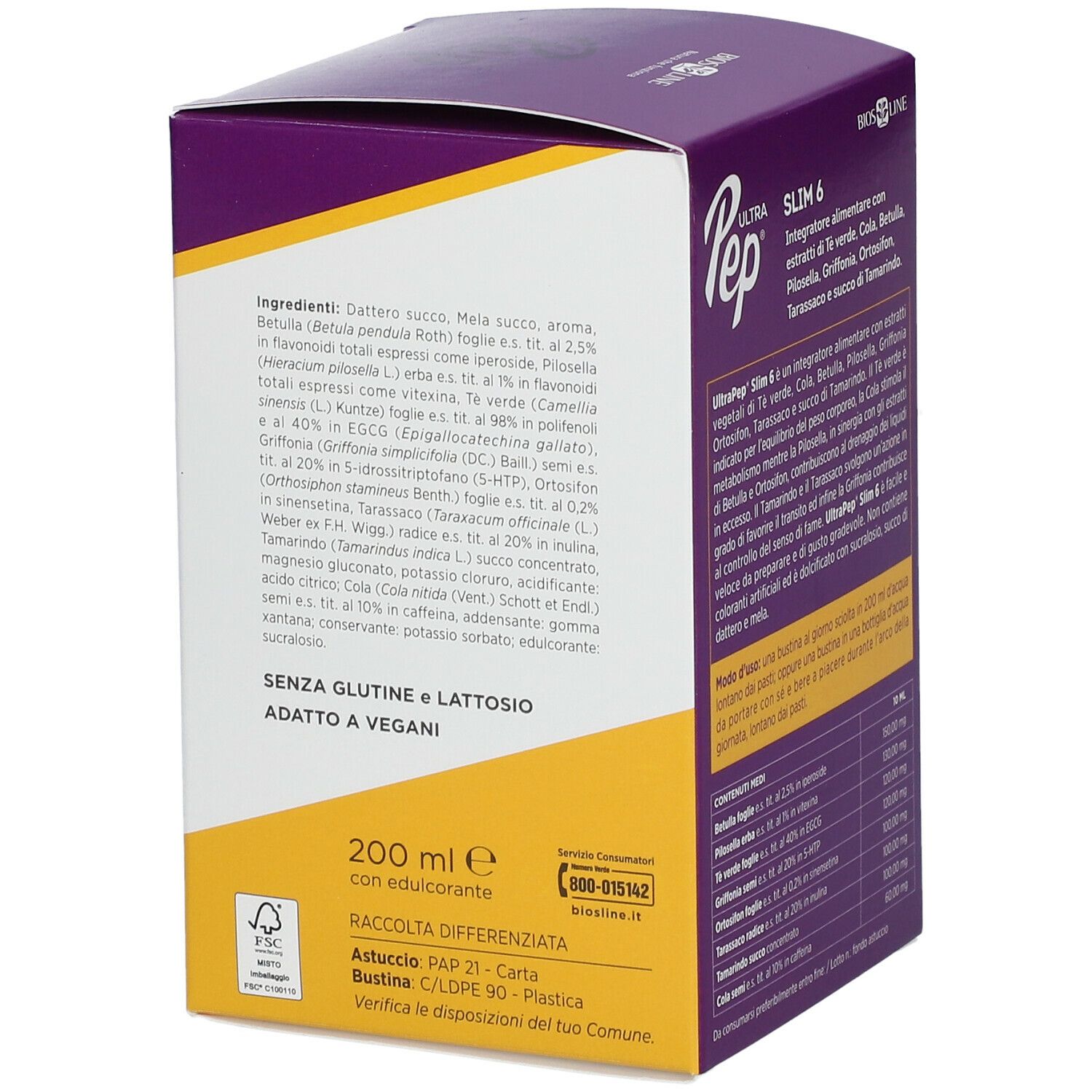 UltraPep Slim 6, Bios Line. Retro della confezione con ingredienti, informazioni e simboli di riciclaggio.