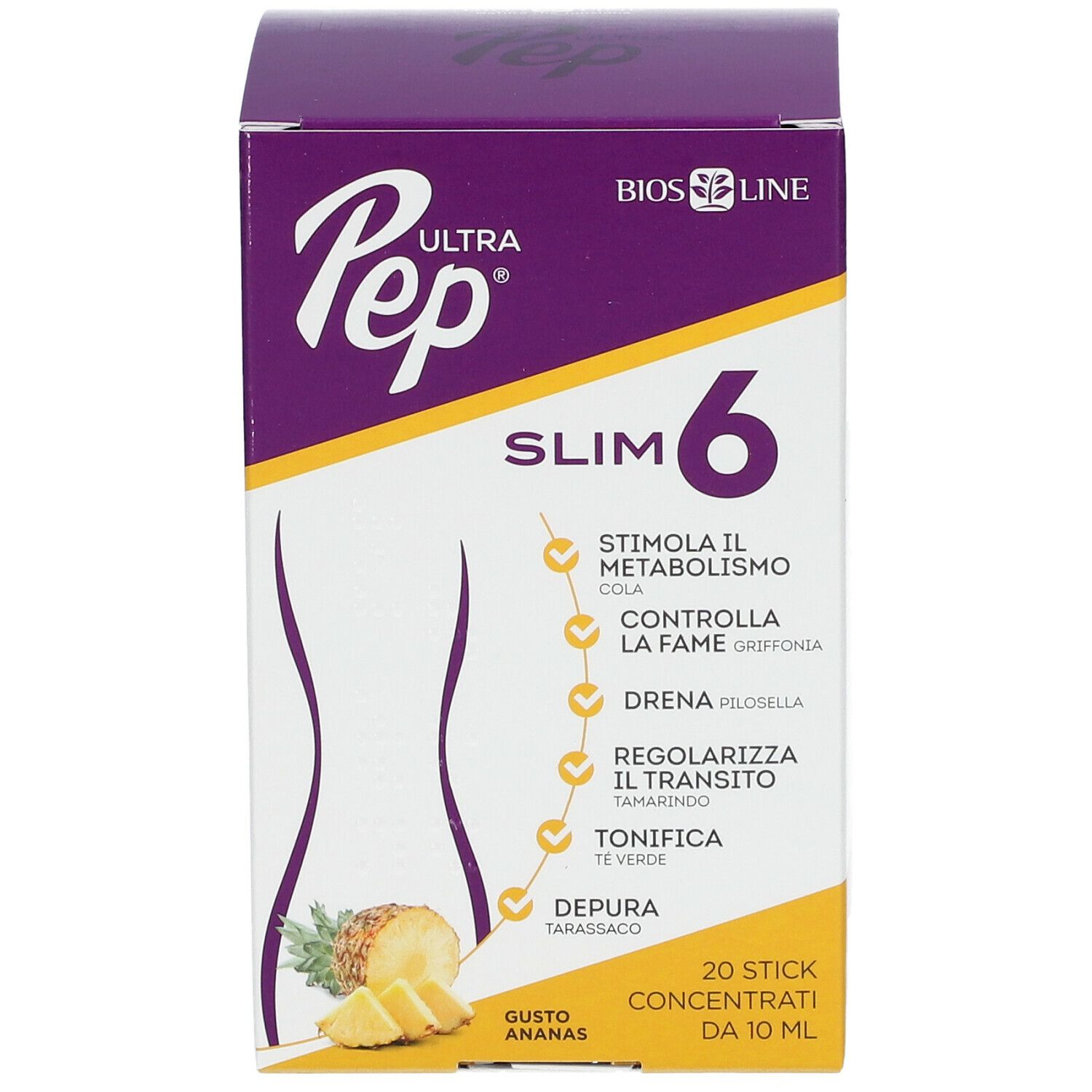 UltraPep Slim 6, Bios Line. Confezione viola e gialla con informazioni e immagine di ananas.