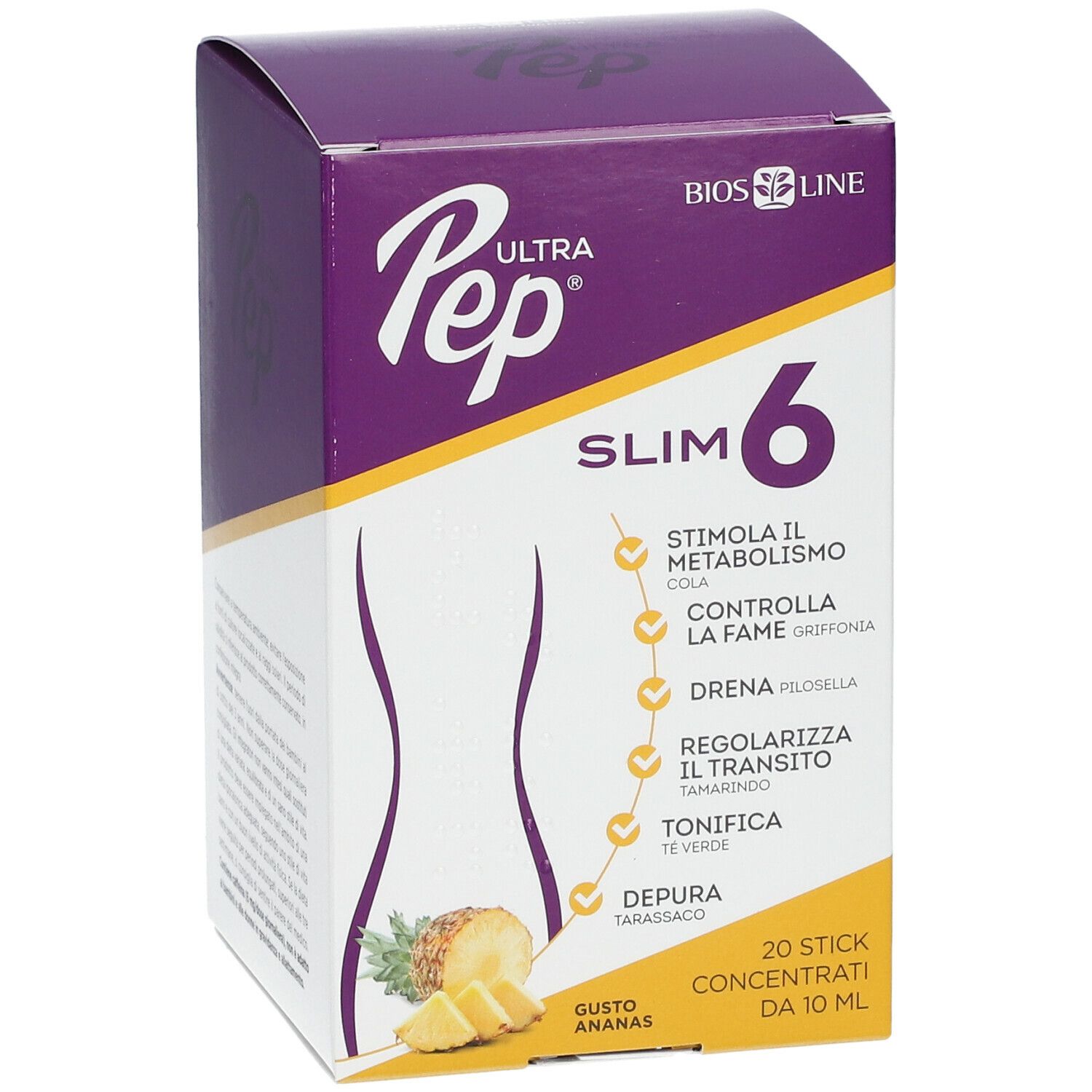 UltraPep Slim 6, Bios Line. Confezione viola e gialla con informazioni e immagine di ananas.