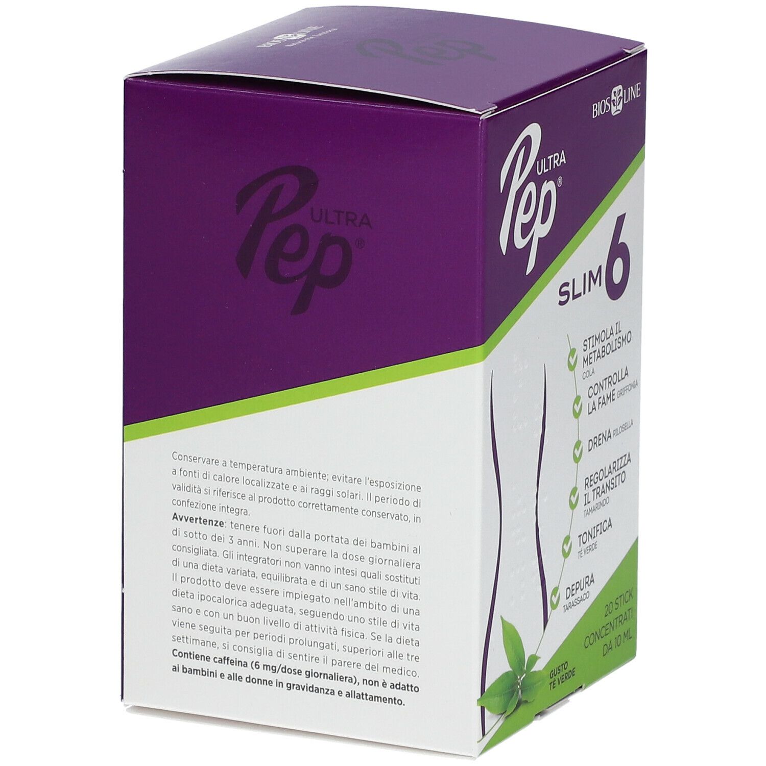 Confezione BIOS LINE Ultra Pep Slim 6. Viola e bianco. Contiene 20 stick. Ingredienti e nome del prodotto visibili.
