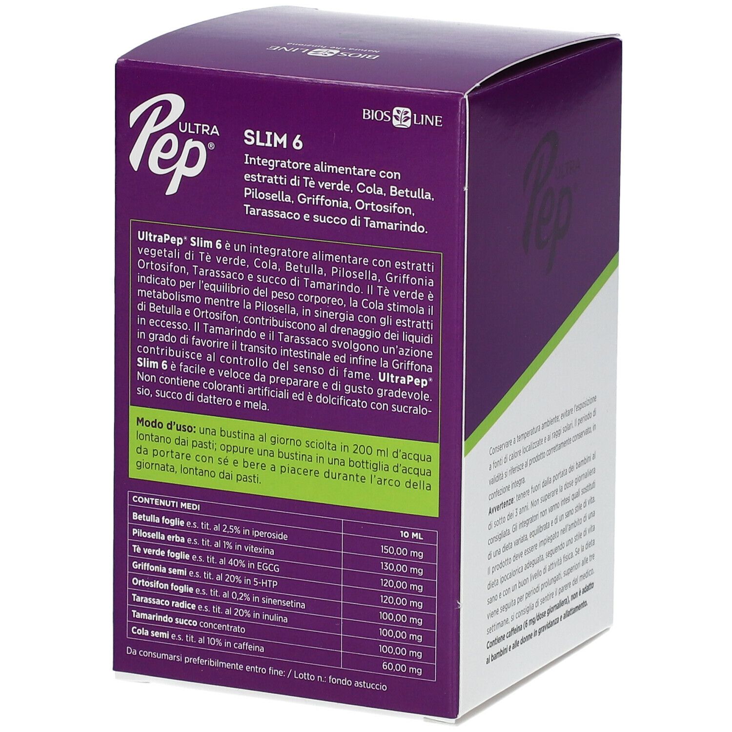 Retro della confezione BIOS LINE Ultra Pep Slim 6. Contiene ingredienti e istruzioni per l'uso.