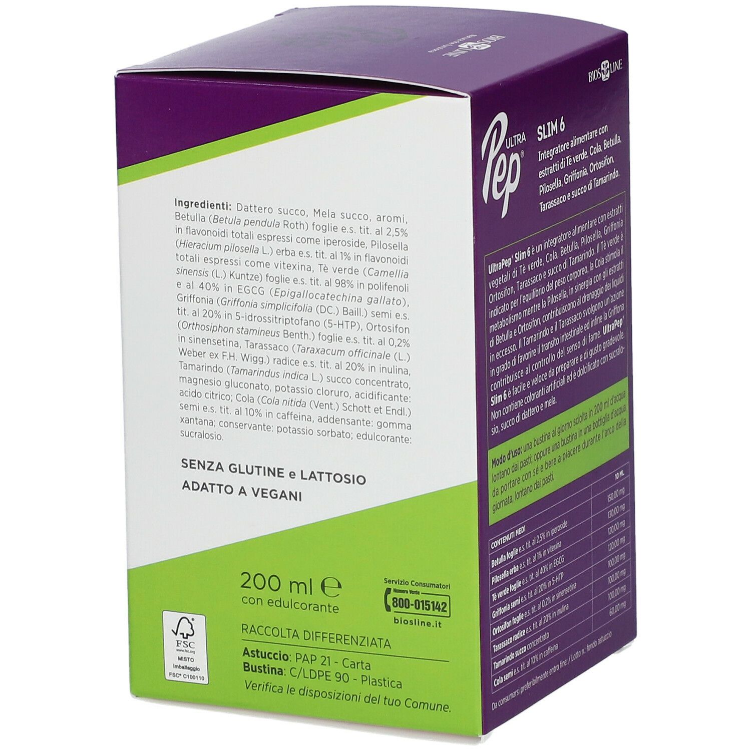 Retro della confezione BIOS LINE Ultra Pep Slim 6. Contiene ingredienti e istruzioni per l'uso.