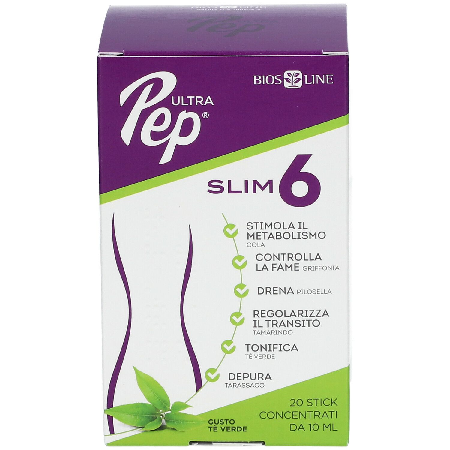 Confezione BIOS LINE Ultra Pep Slim 6. Viola e bianco. Contiene 20 stick. Ingredienti e nome del prodotto visibili.