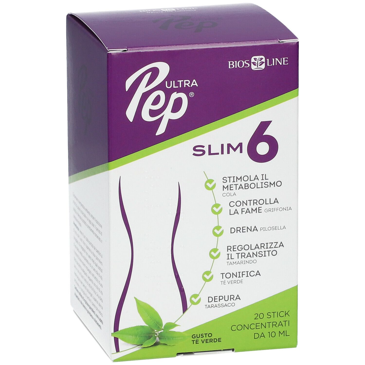 Confezione BIOS LINE Ultra Pep Slim 6. Viola e bianco. Contiene 20 stick. Ingredienti e nome del prodotto visibili.