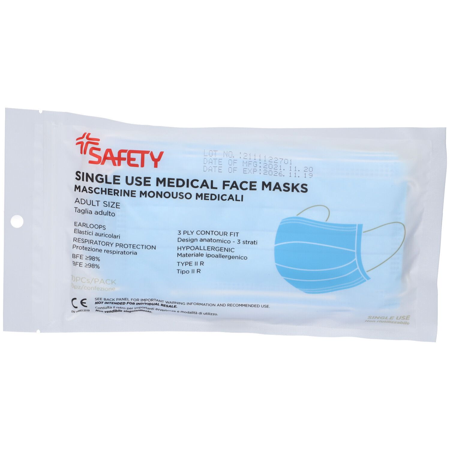 Confezione di mascherine facciali mediche monouso blu. Marchio: Safety. Testo: Single Use Medical Face Masks. Dettagli.