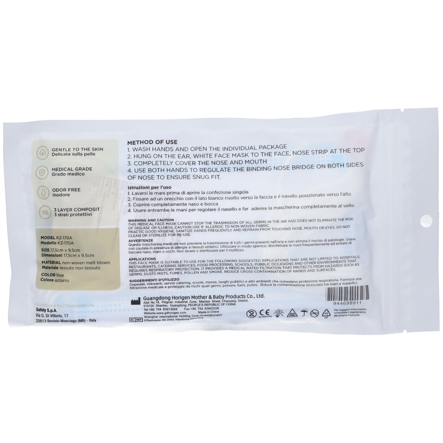 Retro della confezione con istruzioni e informazioni sulle mascherine mediche. Testo multilingue.