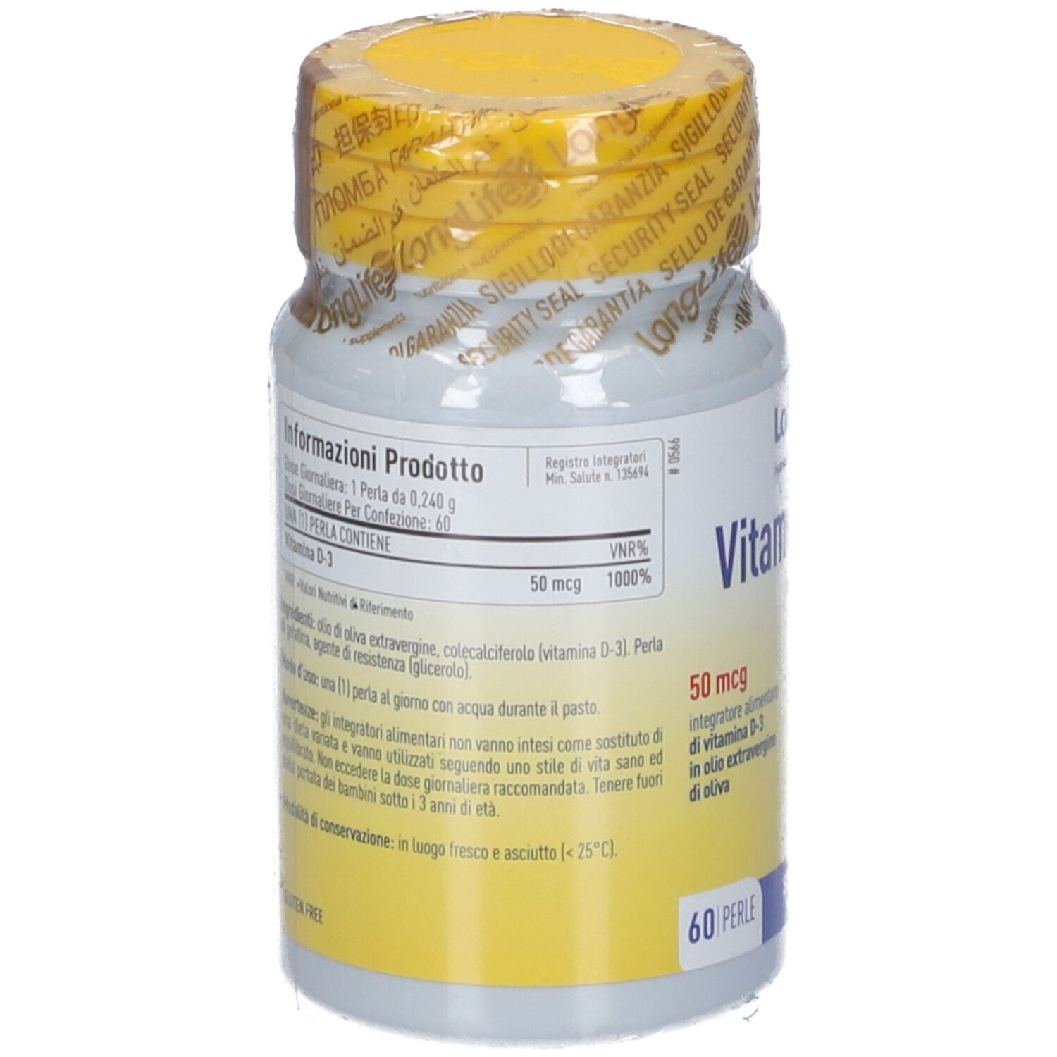 Retro del flacone LongLife Vitamina D 2000. Etichette bianche con informazioni. Scritte visibili: Vitamina D-3, 50 mcg, 60 perle.