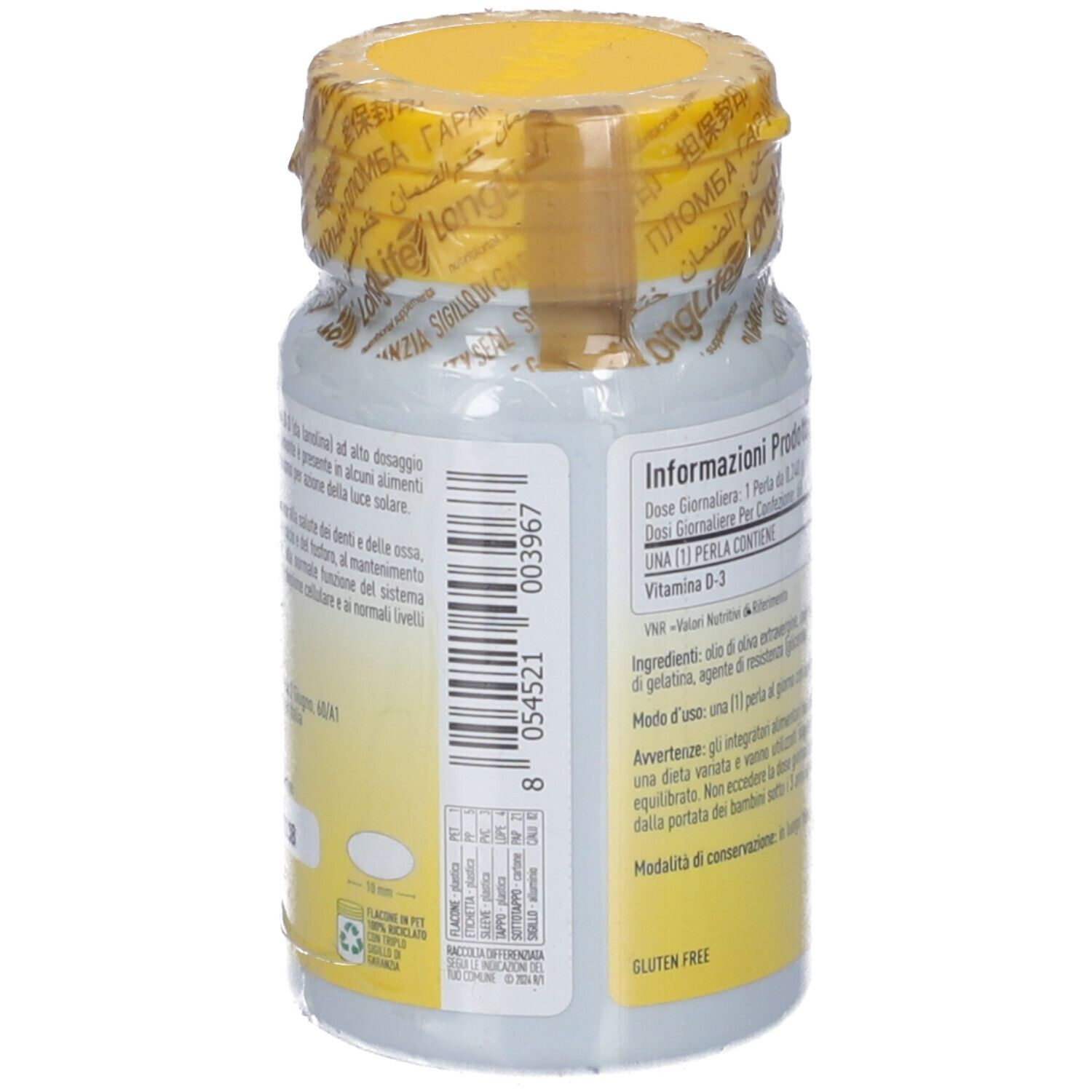 Retro del flacone LongLife Vitamina D 2000. Etichette bianche con informazioni. Scritte e loghi visibili.