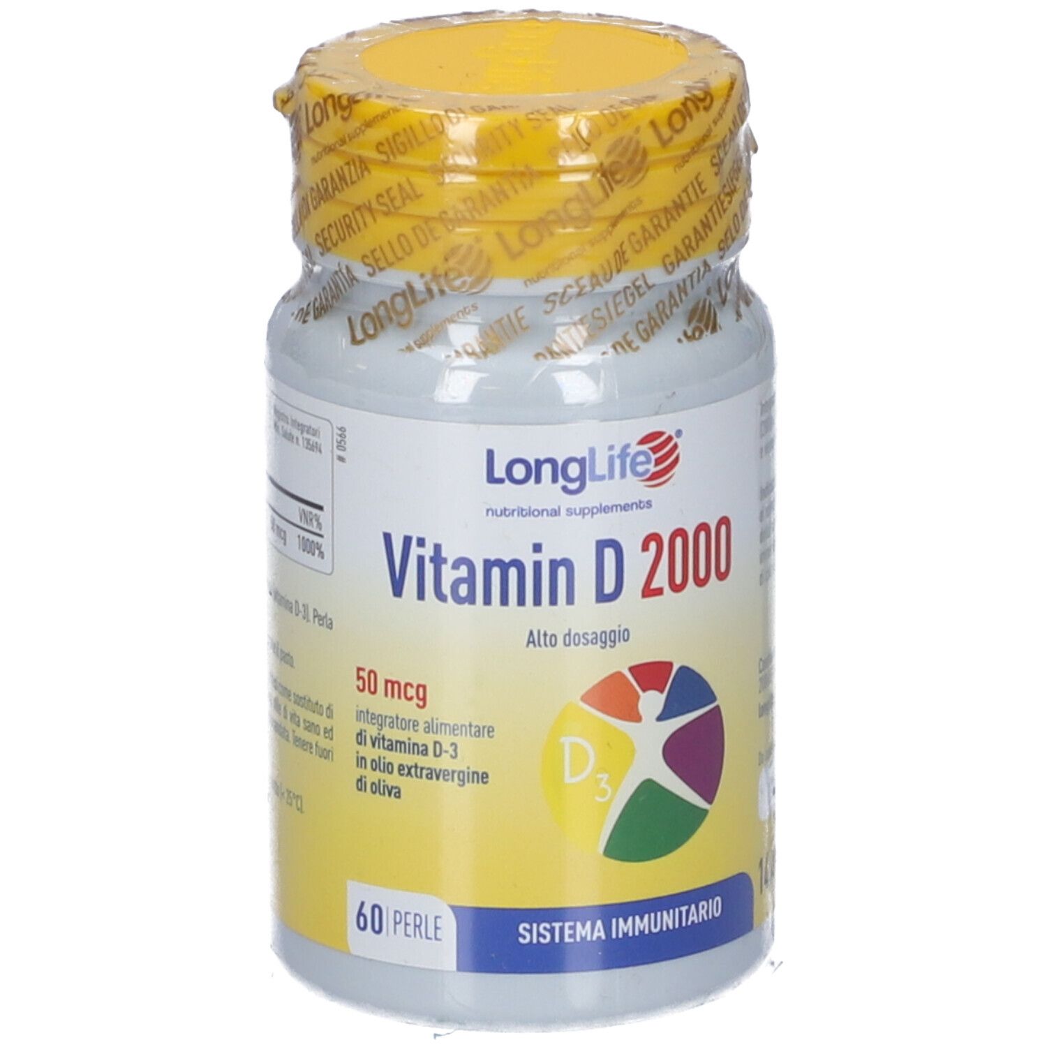 Flacone di LongLife Vitamina D 2000. Tappo giallo, etichetta bianca con informazioni. Scritte visibili: Vitamina D 2000, 50 mcg, 60 perle.