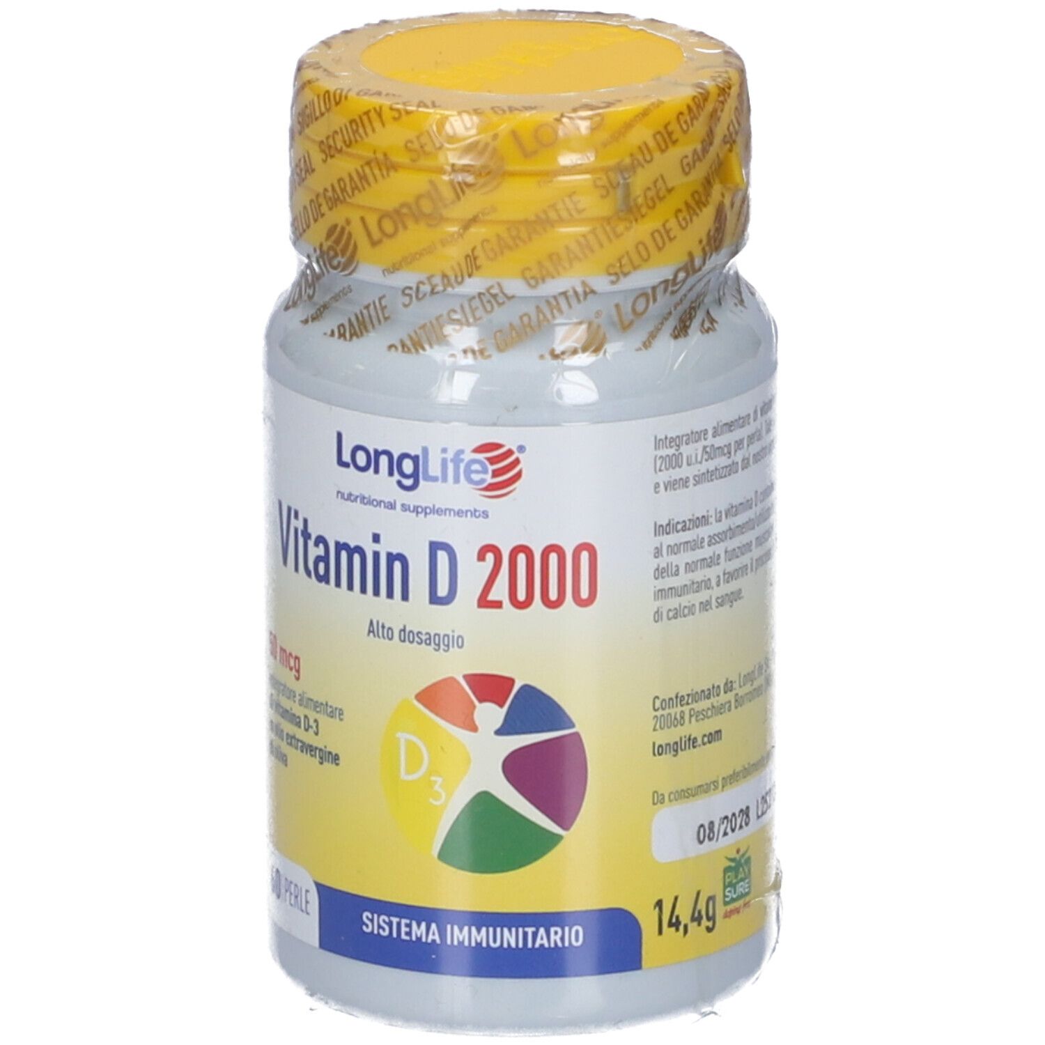 Flacone di LongLife Vitamina D 2000. Tappo giallo, etichetta bianca con informazioni. Scritte visibili: Vitamina D 2000, 50 mcg, 60 perle, 14,4g.
