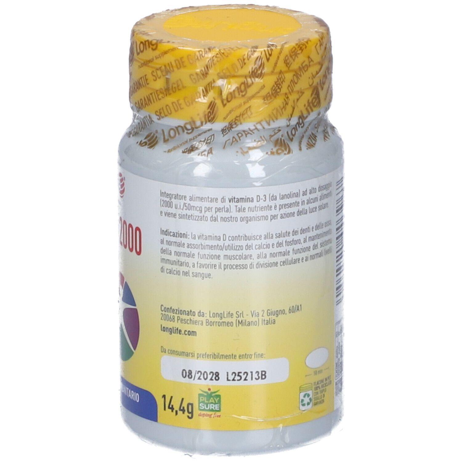Retro del flacone LongLife Vitamina D 2000. Etichette bianche con informazioni. Scritte visibili: 14,4g, 08/2028, L25213B.