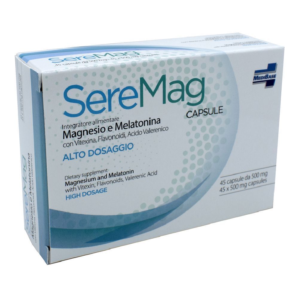 Scatola di capsule Seremag. Scritta: Magnesio e Melatonina. 45 capsule. Marchio Medibase.