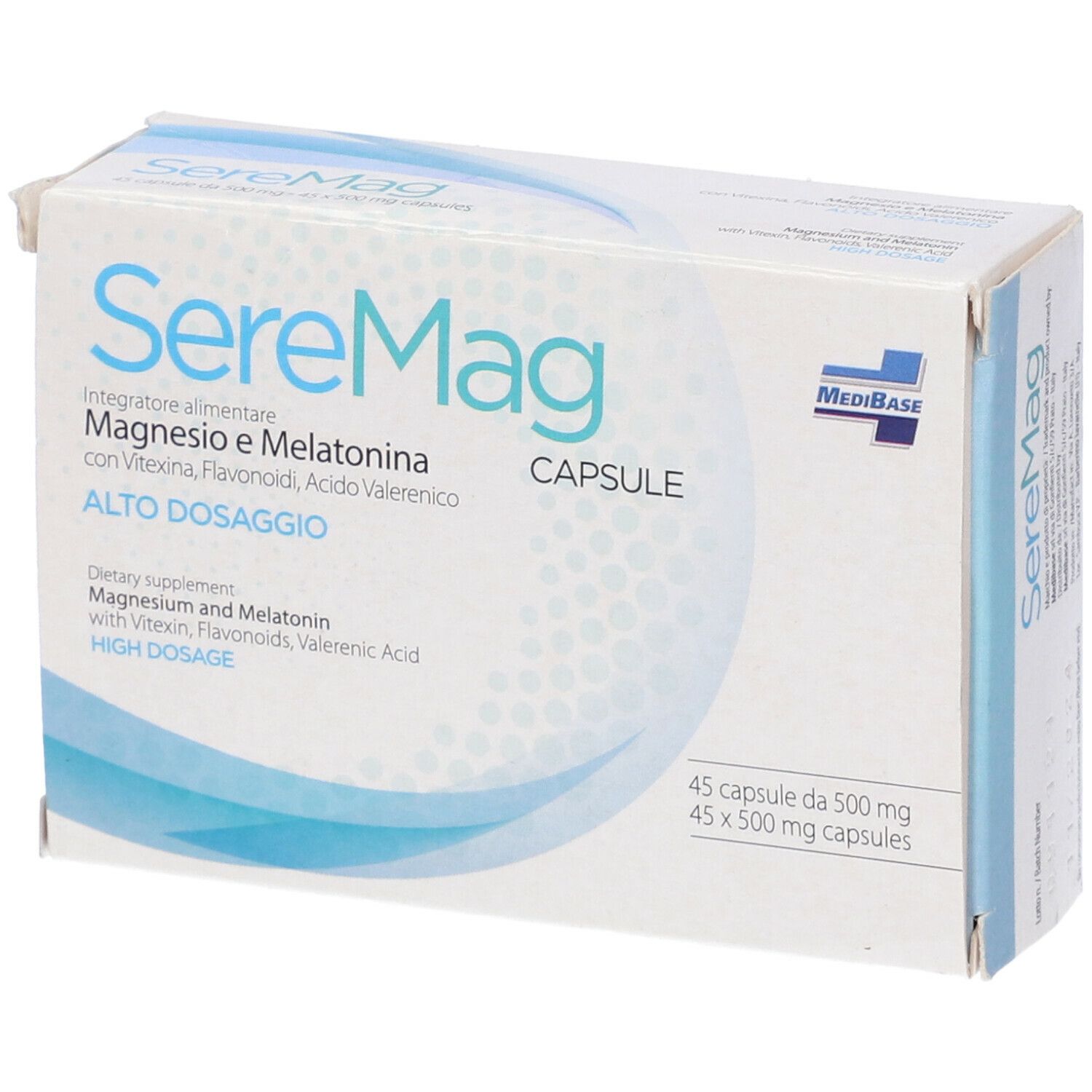 Scatola di capsule Seremag. Scritta: Magnesio e Melatonina. 45 capsule. Marchio Medibase.
