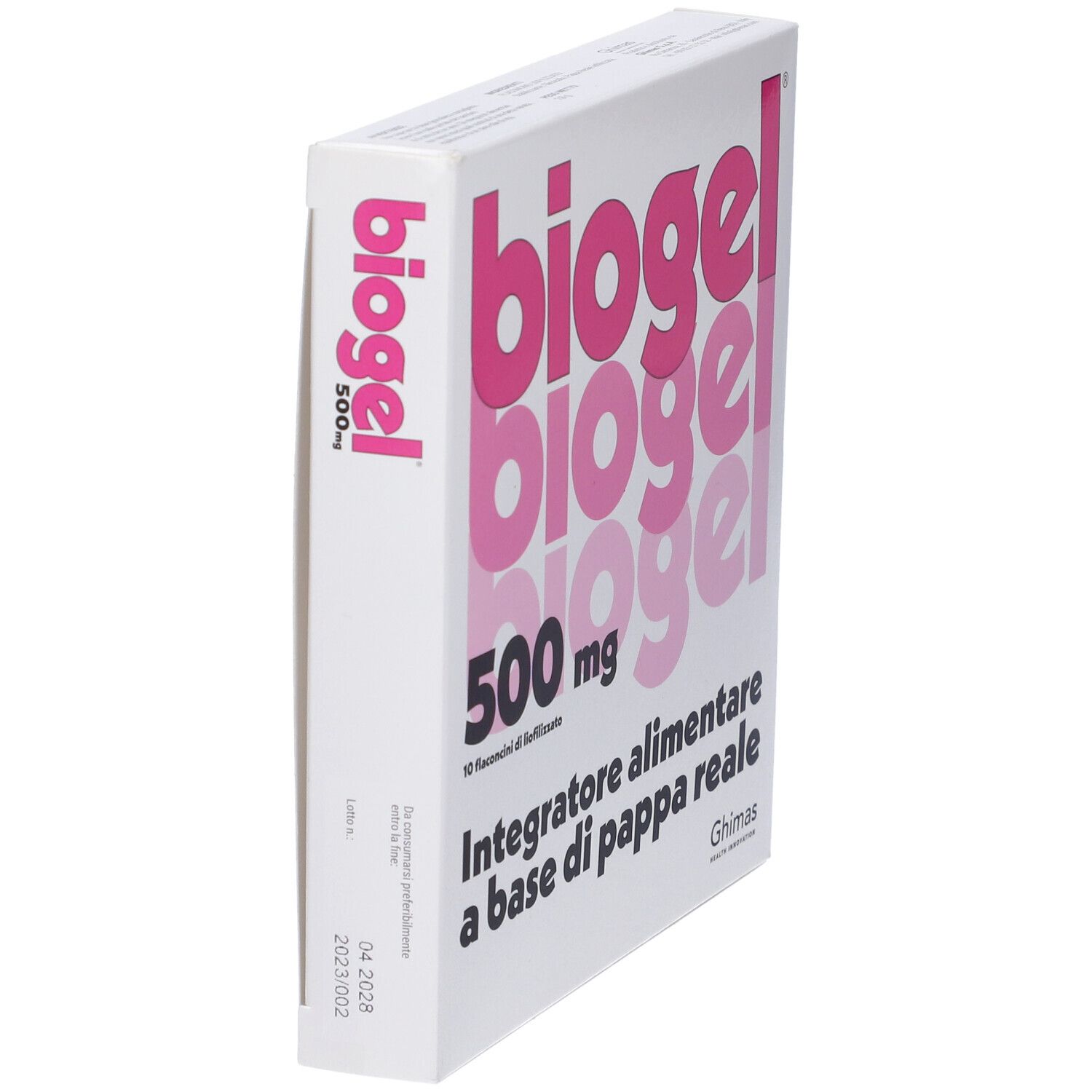 Scatola bianca, vista laterale. Scritta rosa "biogel", "500 mg" e testo. Contiene 10 flaconcini.