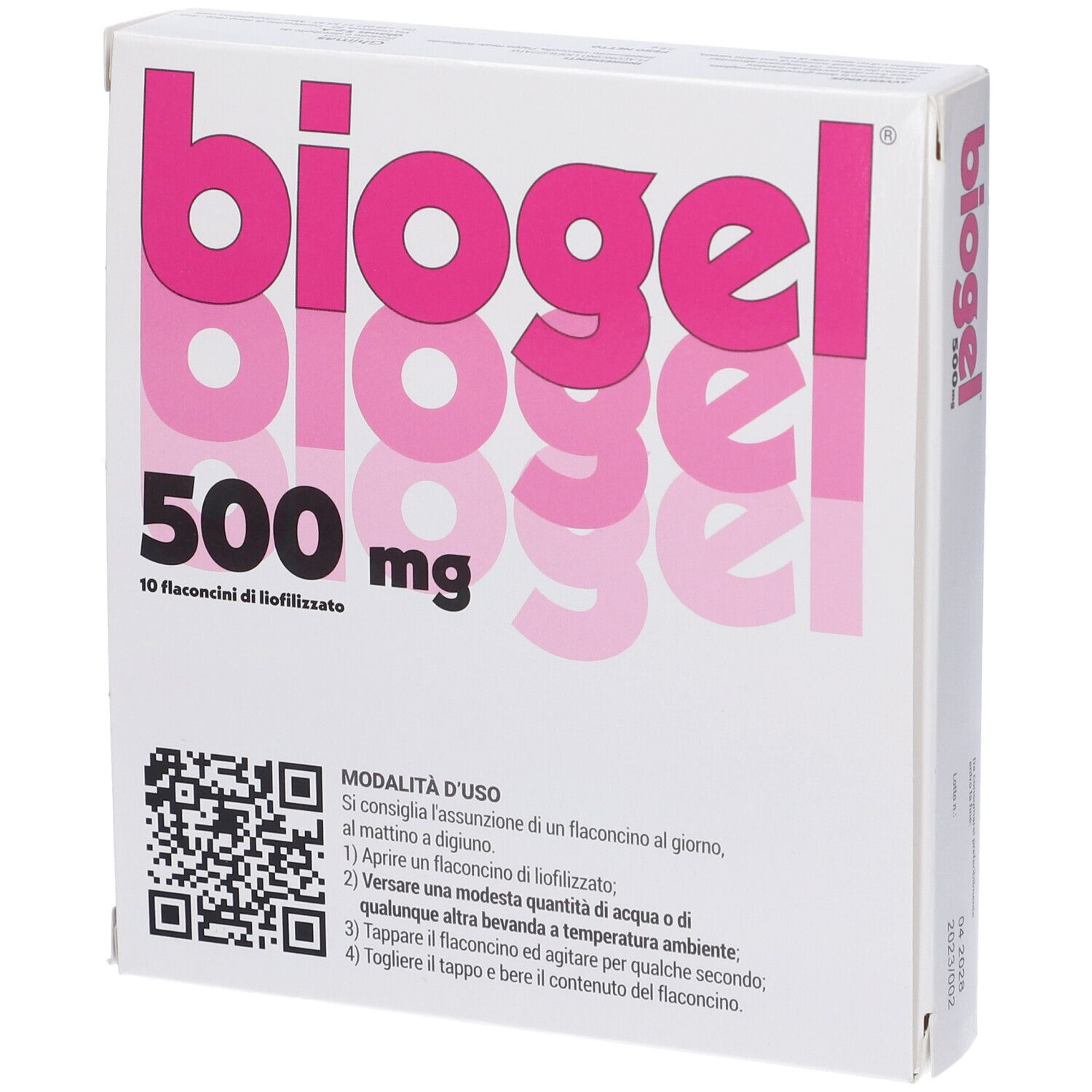 Scatola bianca con scritta rosa "biogel", "500 mg" e testo. Contiene 10 flaconcini. Codice QR e istruzioni.