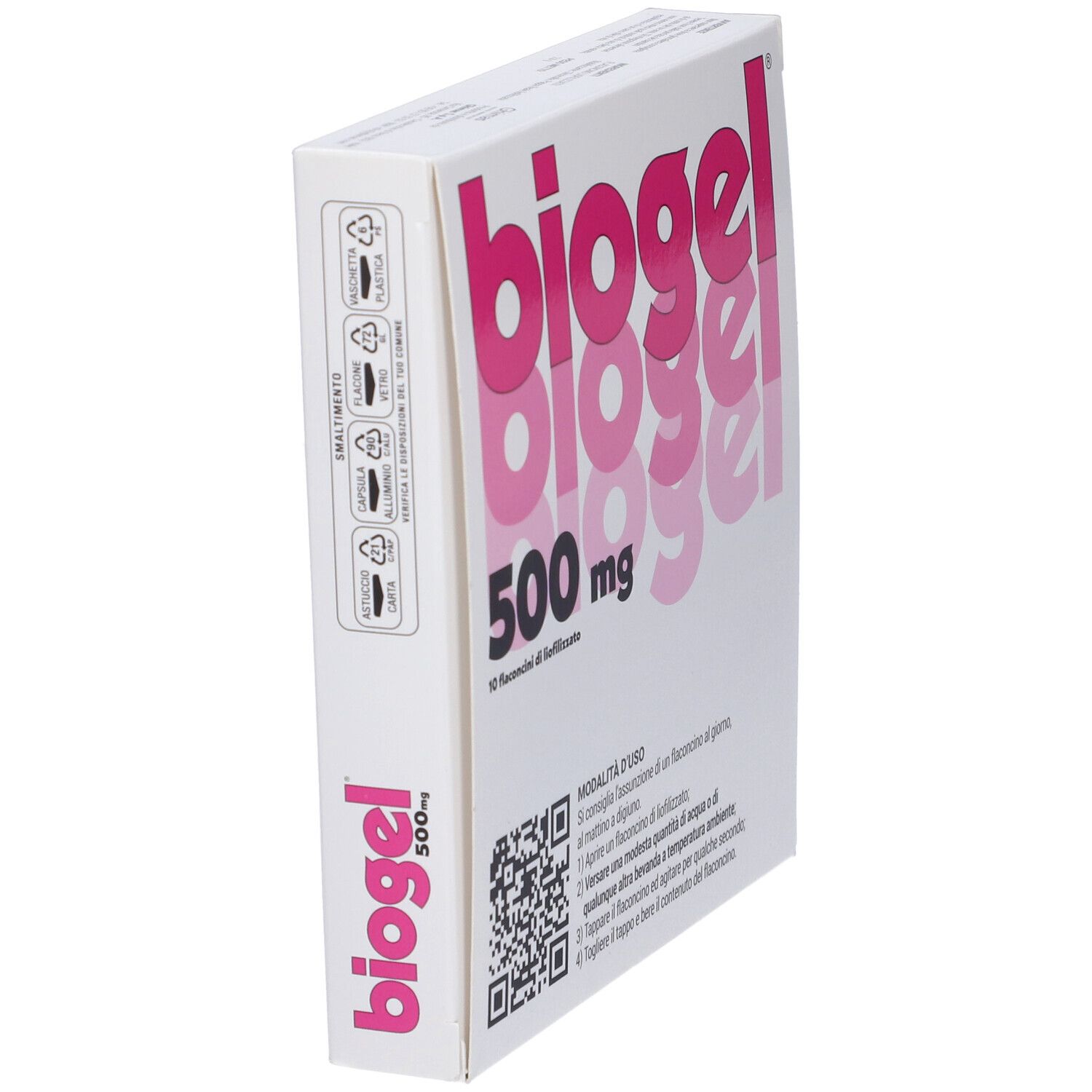 Scatola bianca, vista laterale. Scritta rosa "biogel", "500 mg" e testo. Contiene 10 flaconcini. Codice QR.