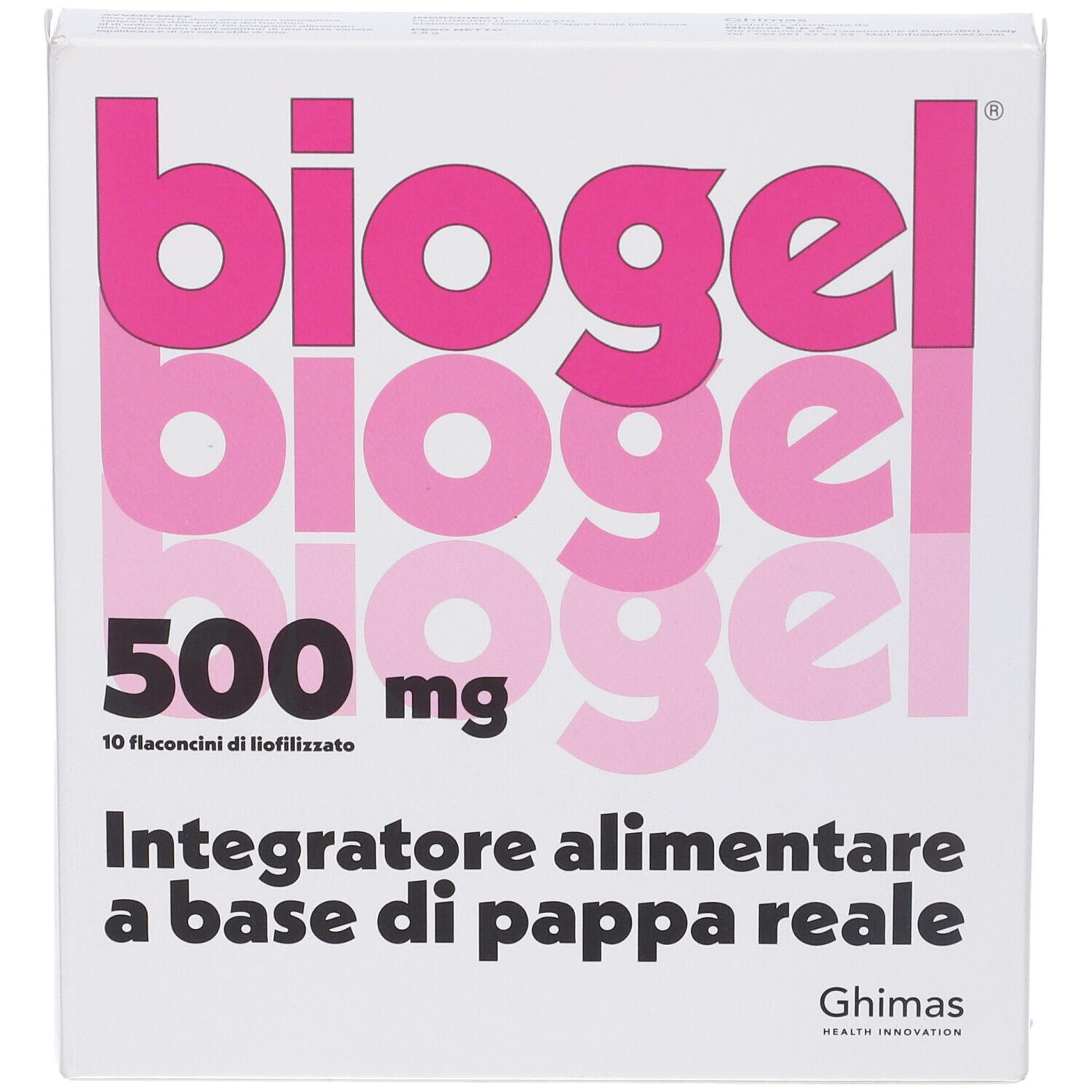 Scatola bianca con scritta rosa "biogel", "500 mg" e testo. Contiene 10 flaconcini. Logo Ghimas.