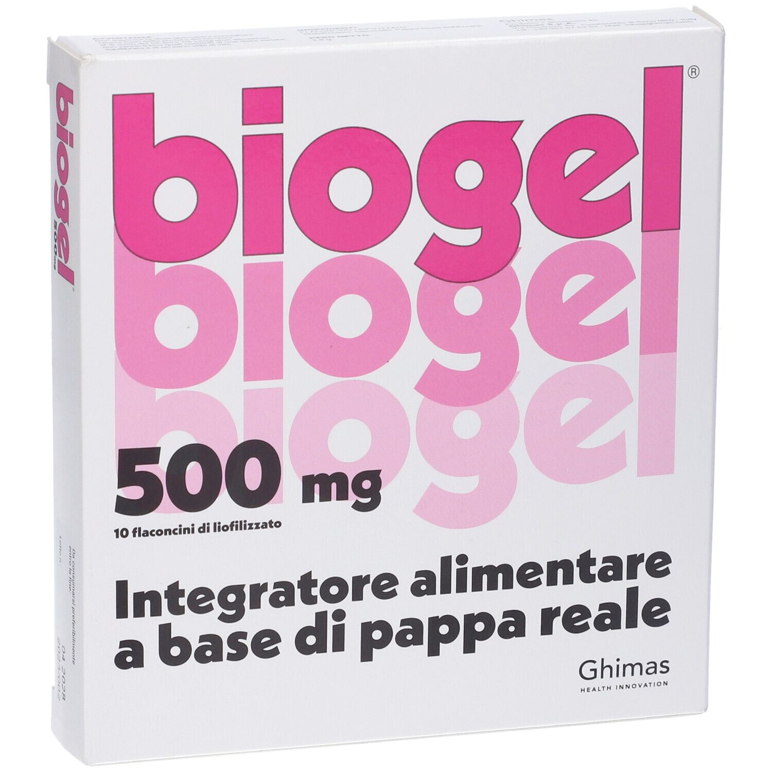 Scatola bianca con scritta rosa "biogel", "500 mg" e testo. Contiene 10 flaconcini. Logo Ghimas.
