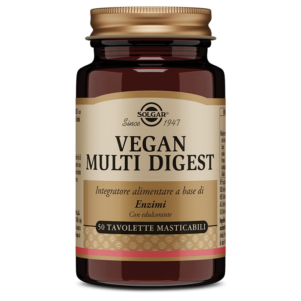 Flacone di vetro marrone con tappo dorato. Scritta: Vegan Multi Digest, 50 compresse masticabili.