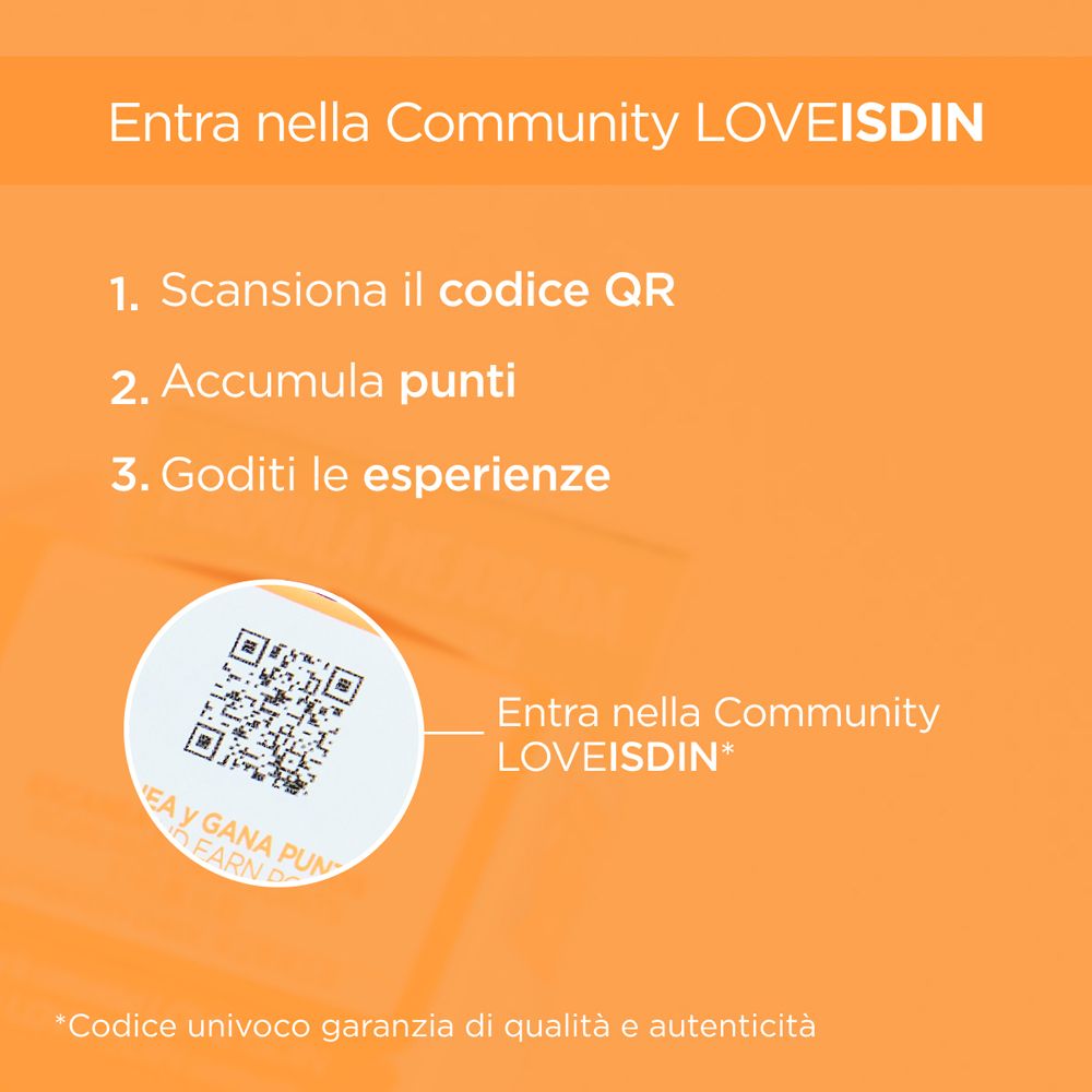 Codice QR. Testo: Entra nella Community LOVEISDIN. 1. Scansiona il codice QR. 2. Accumula punti. 3. Goditi le esperienze.