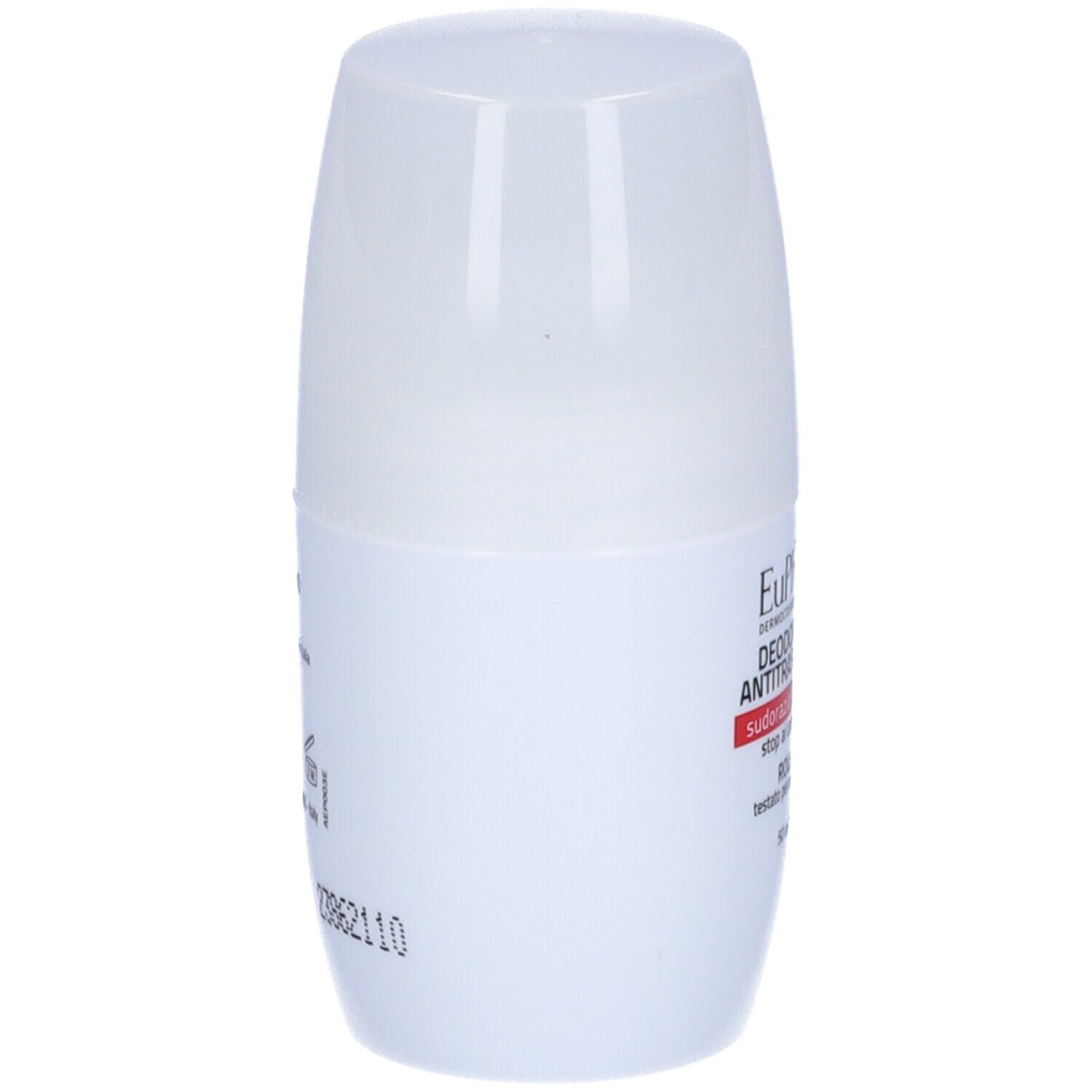 Flacone roll-on deodorante bianco. Retro con testo. Informazioni produttore e numero lotto.