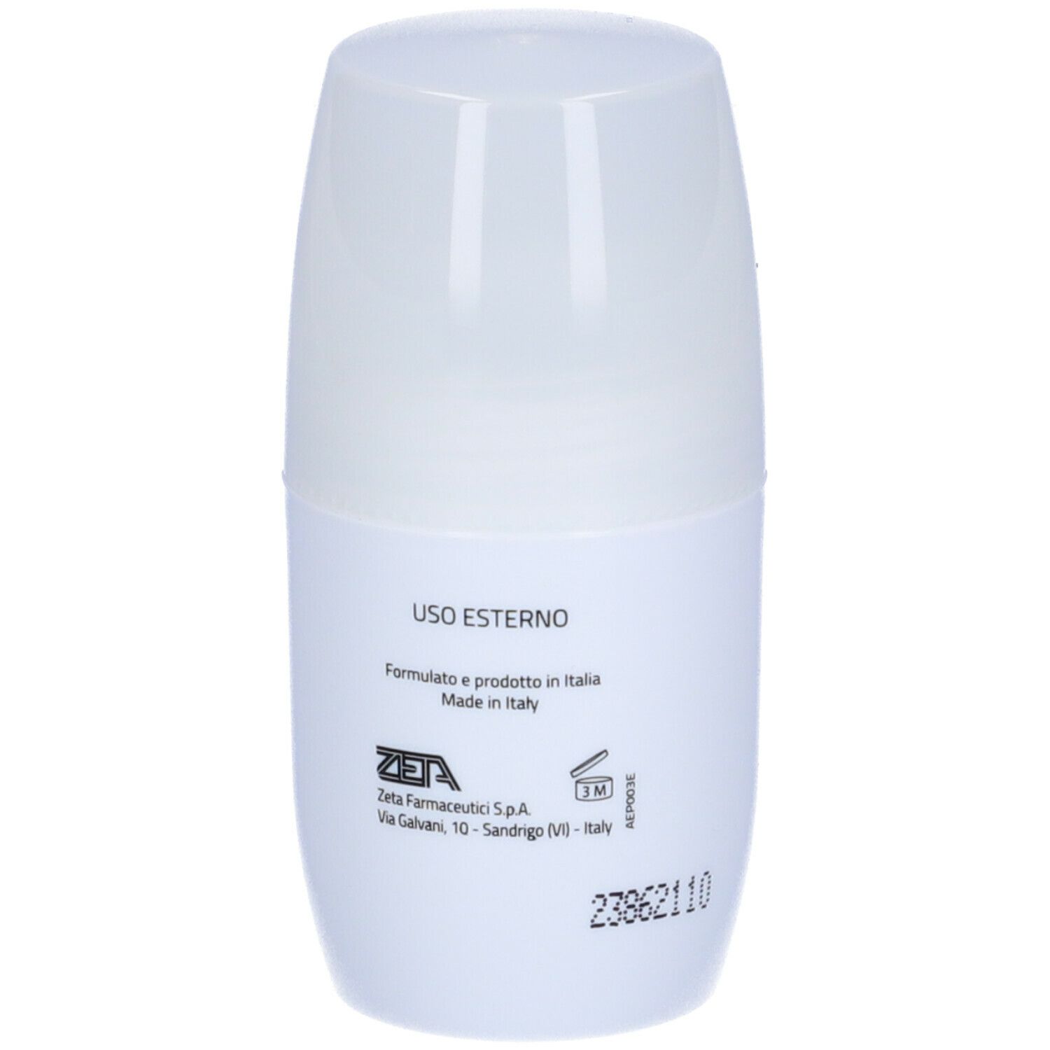 Flacone roll-on deodorante bianco. Retro con testo. Informazioni produttore, istruzioni per l'uso.