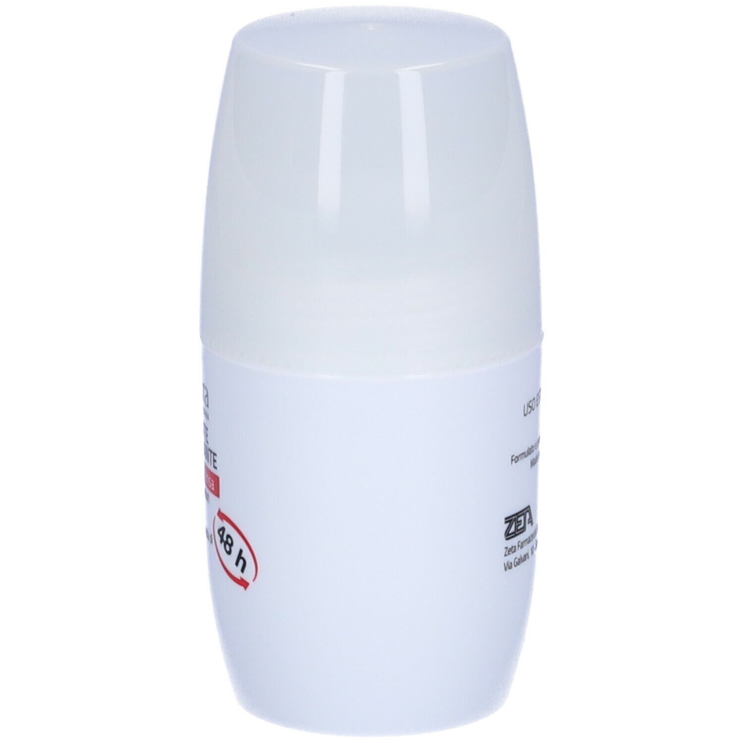 Flacone roll-on deodorante bianco. Retro con testo. Informazioni produttore, istruzioni per l'uso.