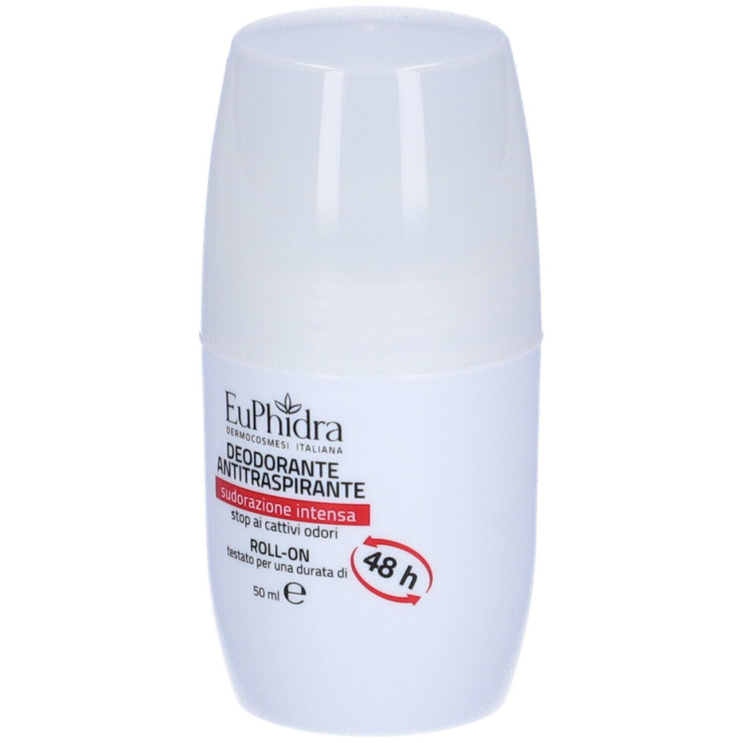 Flacone roll-on deodorante bianco. Scritta: Euphidra, Antitraspirante, 48h. Scritta rossa: Sudorazione intensa.