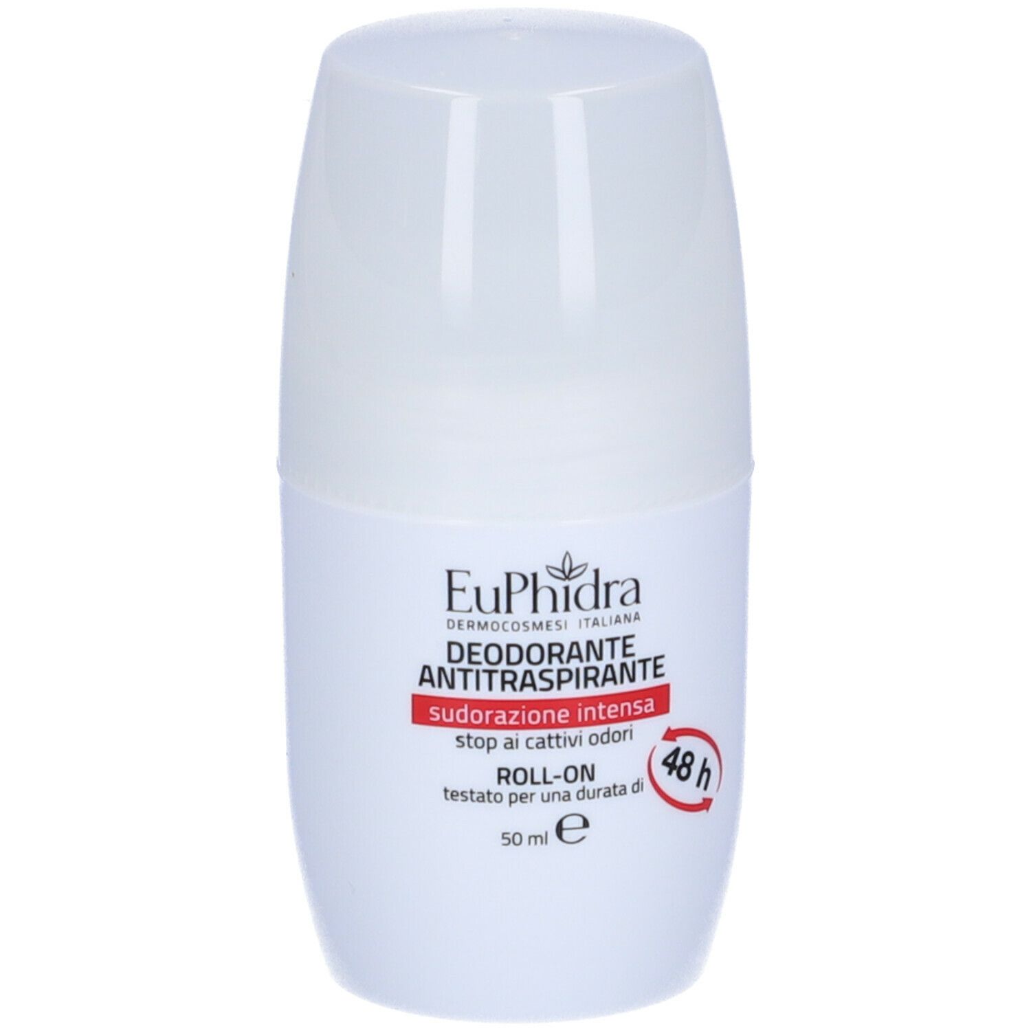 Flacone roll-on deodorante bianco. Scritta: Euphidra, Antitraspirante, 48h. Scritta rossa: Sudorazione intensa.