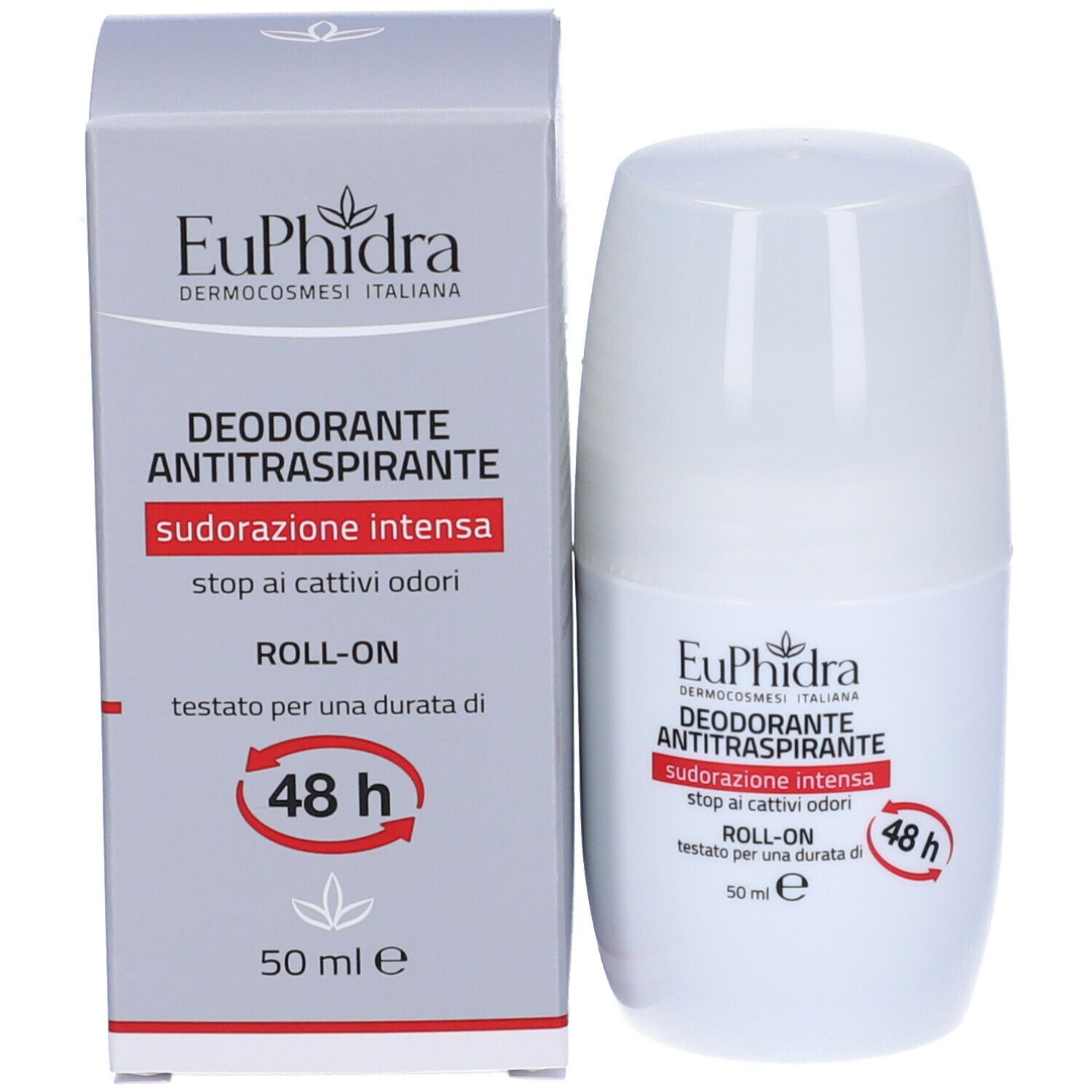 Flacone roll-on deodorante e confezione. Scritta: Euphidra, Antitraspirante, 48h. Scritta rossa: Sudorazione intensa.