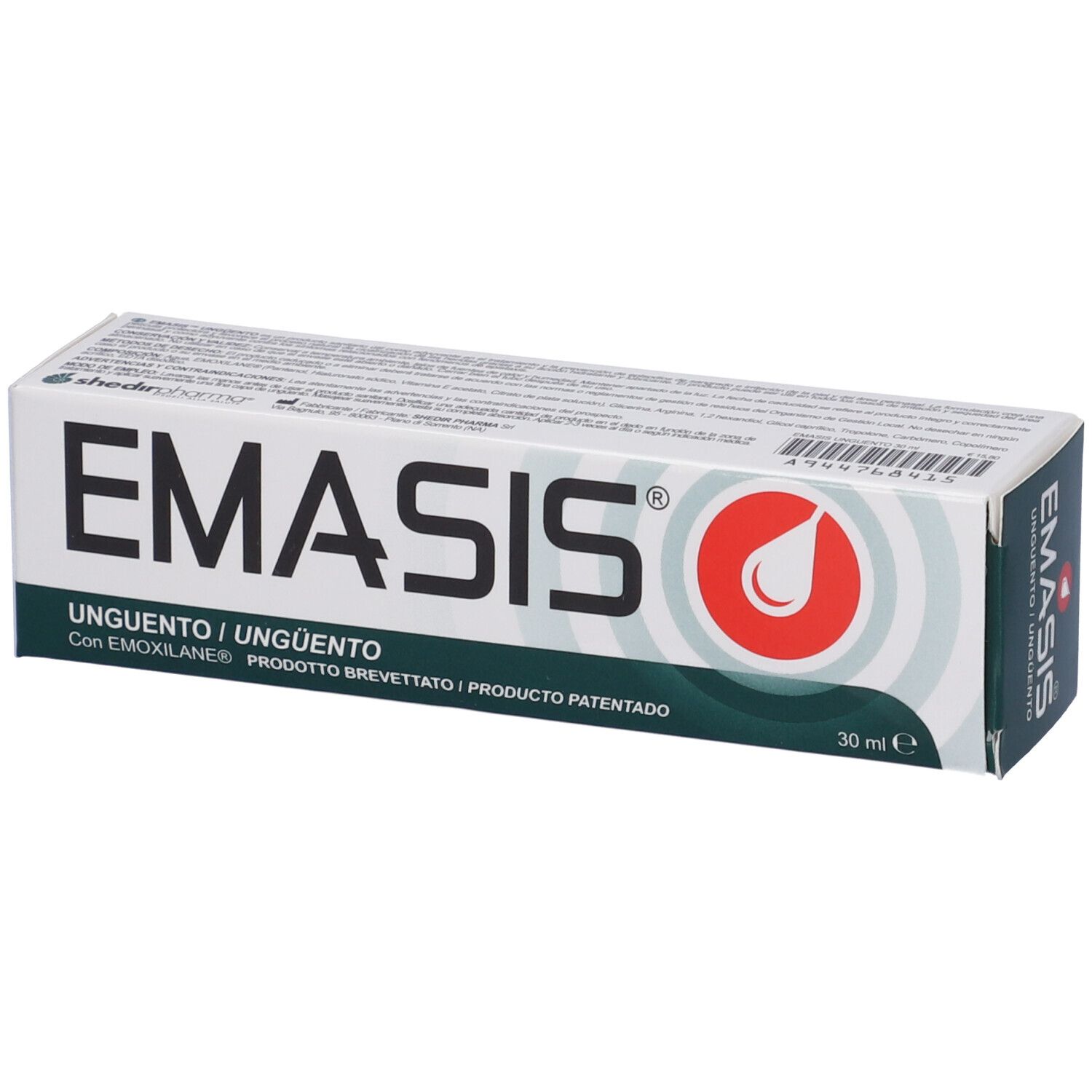 Confezione in cartone con nome e logo del prodotto. Testo: Unguento, 30 ml. Bianco, verde e rosso.