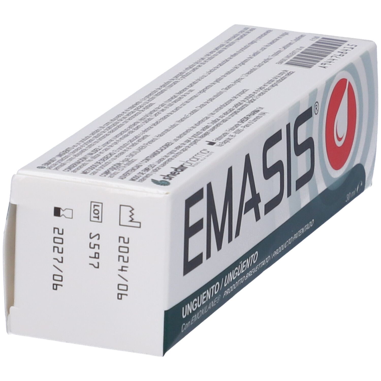 Vista laterale della confezione in cartone. Nome e logo del prodotto visibili. Scadenze e numero di lotto.