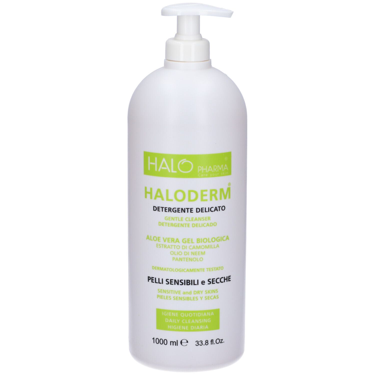 Flacone bianco con dosatore. Scritta: Haloderm, detergente delicato. Per pelli sensibili e secche. 1000 ml.
