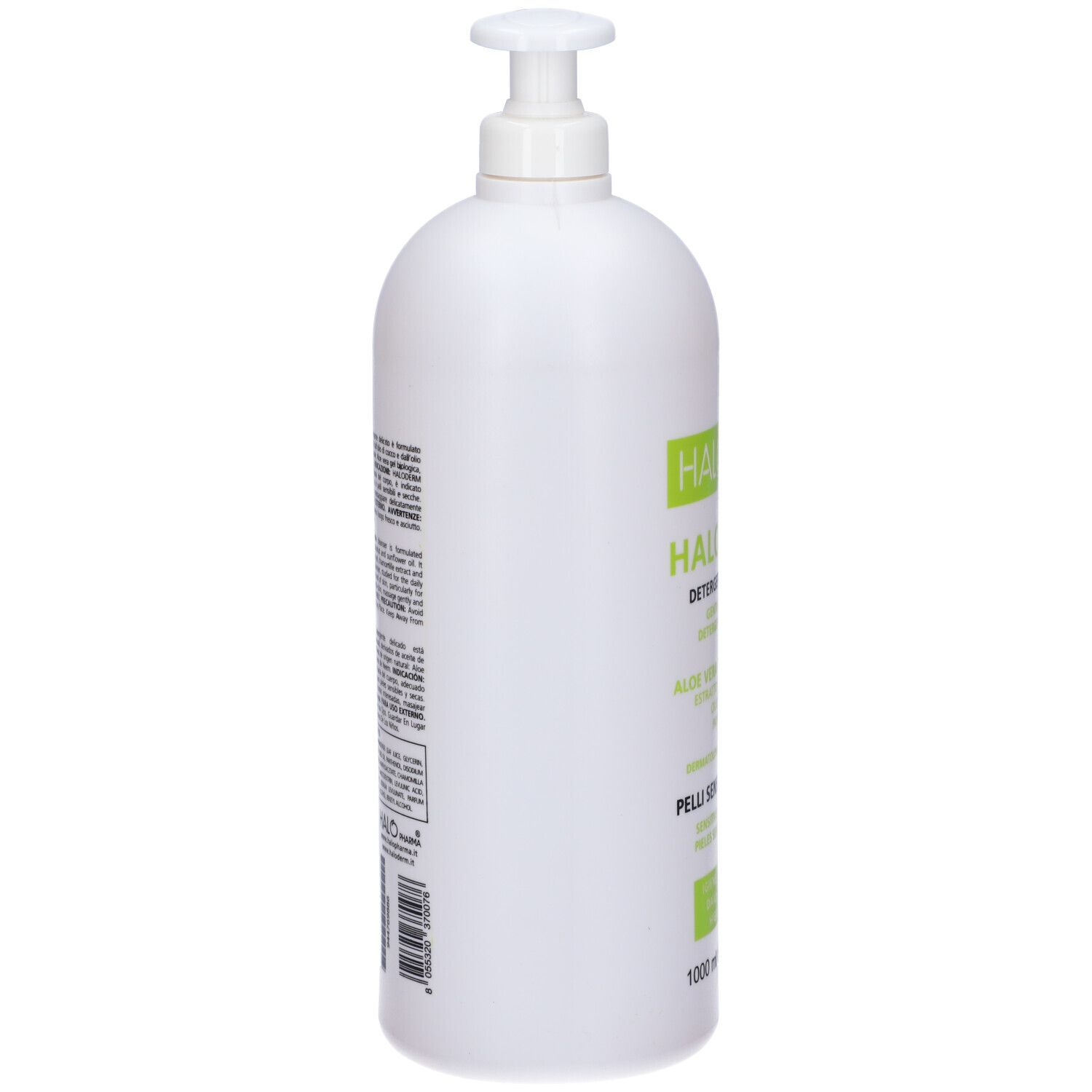 Flacone bianco con dosatore. Scritta: Haloderm, detergente delicato. Per pelli sensibili e secche. 1000 ml.