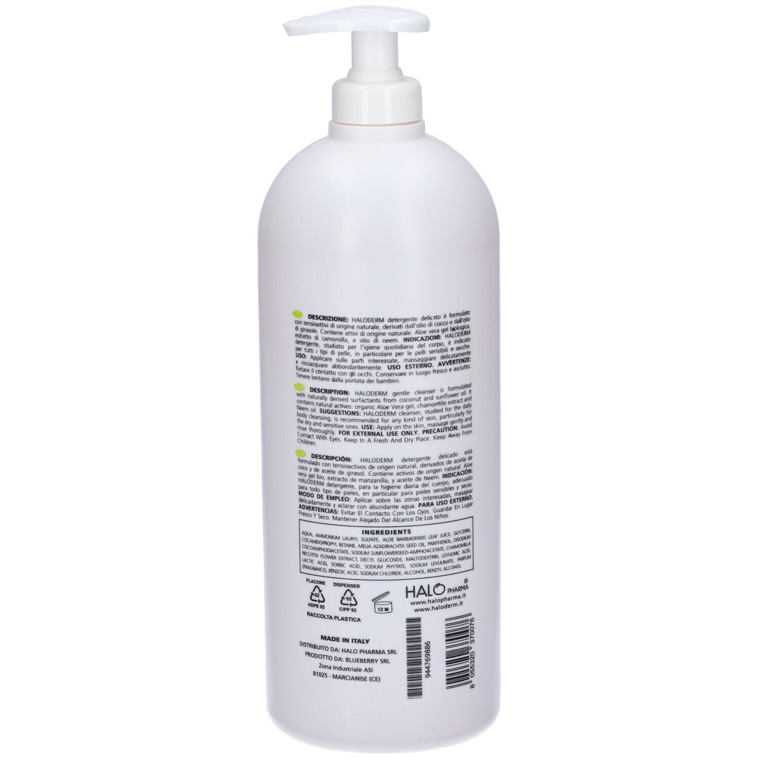 Flacone bianco con dosatore. Scritta: Haloderm, detergente delicato. Per pelli sensibili e secche. 1000 ml.