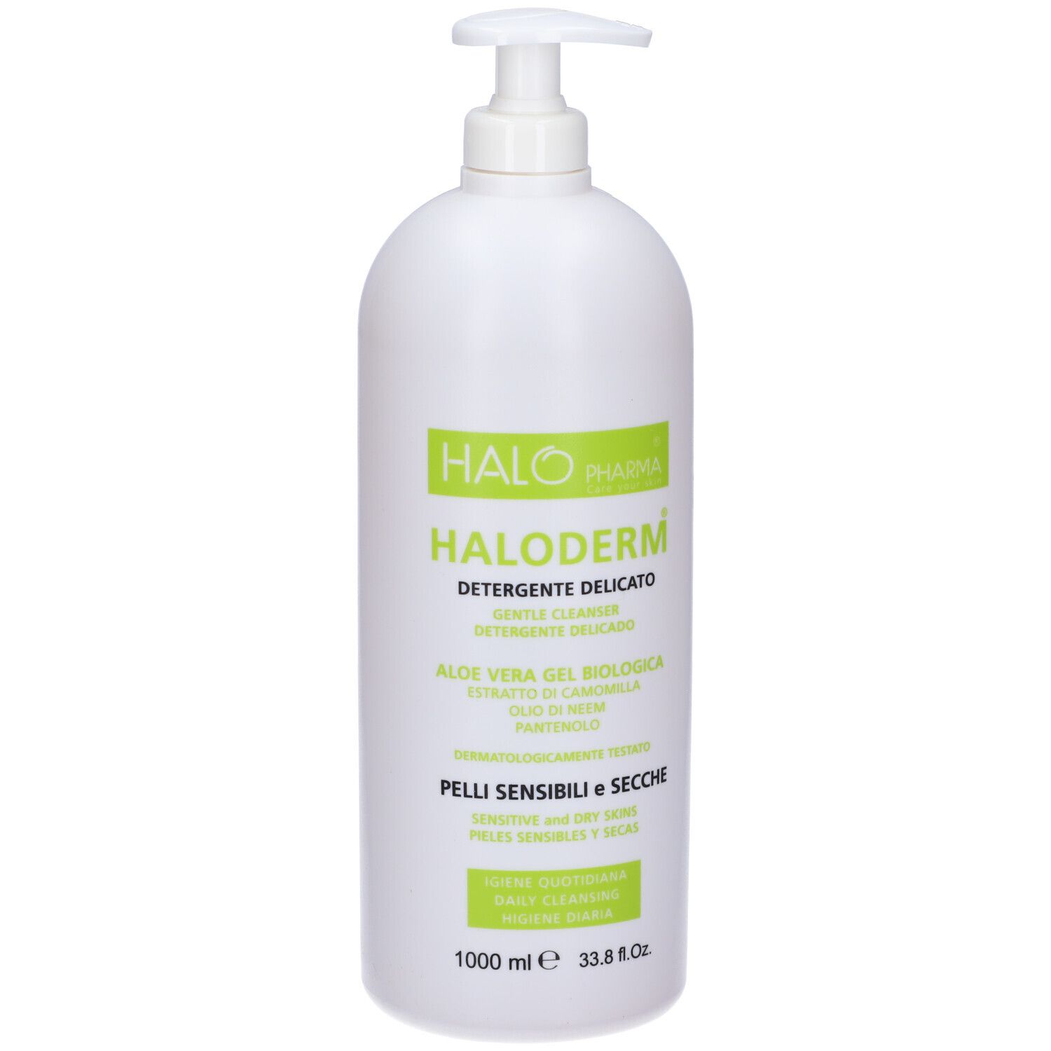 Flacone bianco con dosatore. Scritta: Haloderm, detergente delicato. Per pelli sensibili e secche. 1000 ml.