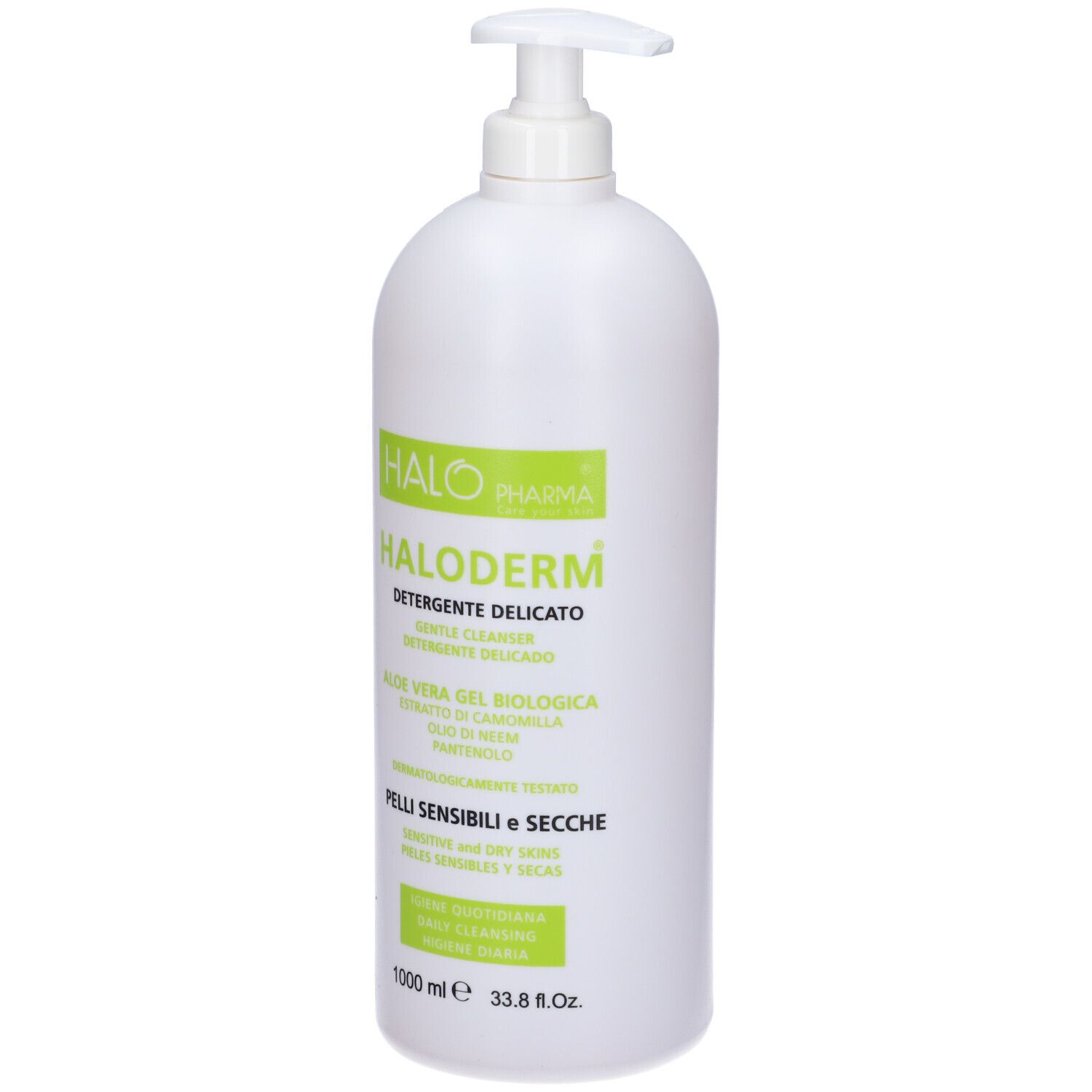 Flacone bianco con dosatore. Scritta: Haloderm, detergente delicato. Per pelli sensibili e secche. 1000 ml.