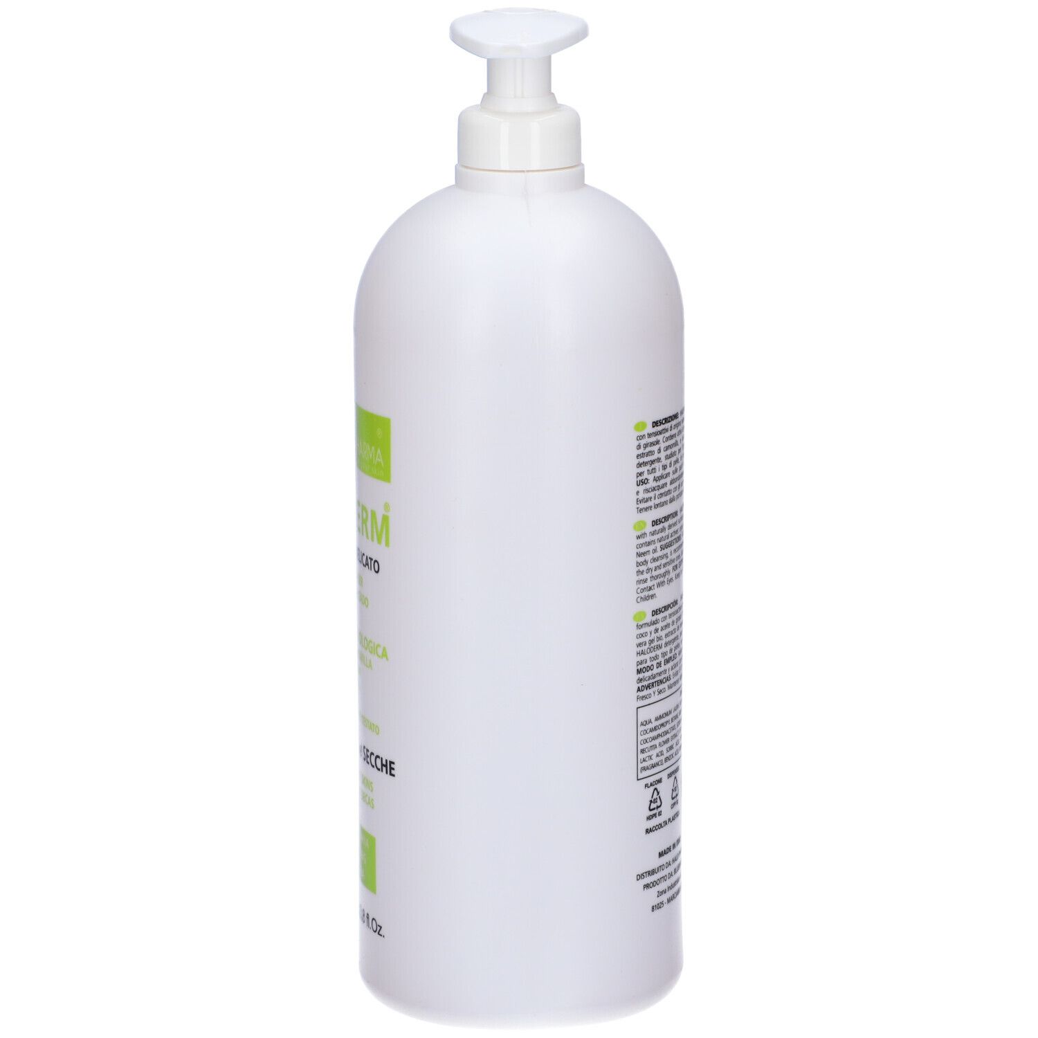 Flacone bianco con dosatore. Scritta: Haloderm, detergente delicato. Per pelli sensibili e secche. 1000 ml.