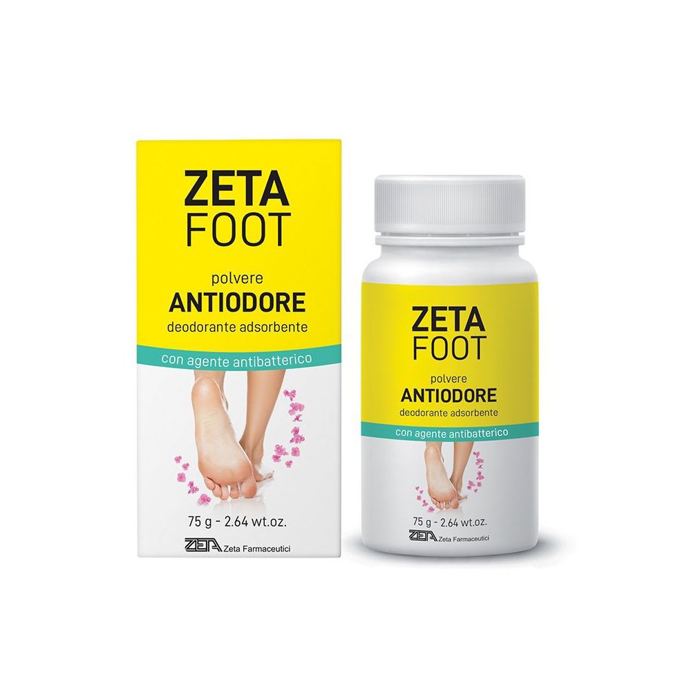 Zetafoot Polvere Antiodore. Scatola gialla e flacone bianco. Scritta: ZETA FOOT, Antiodore, deodorante, 75g.