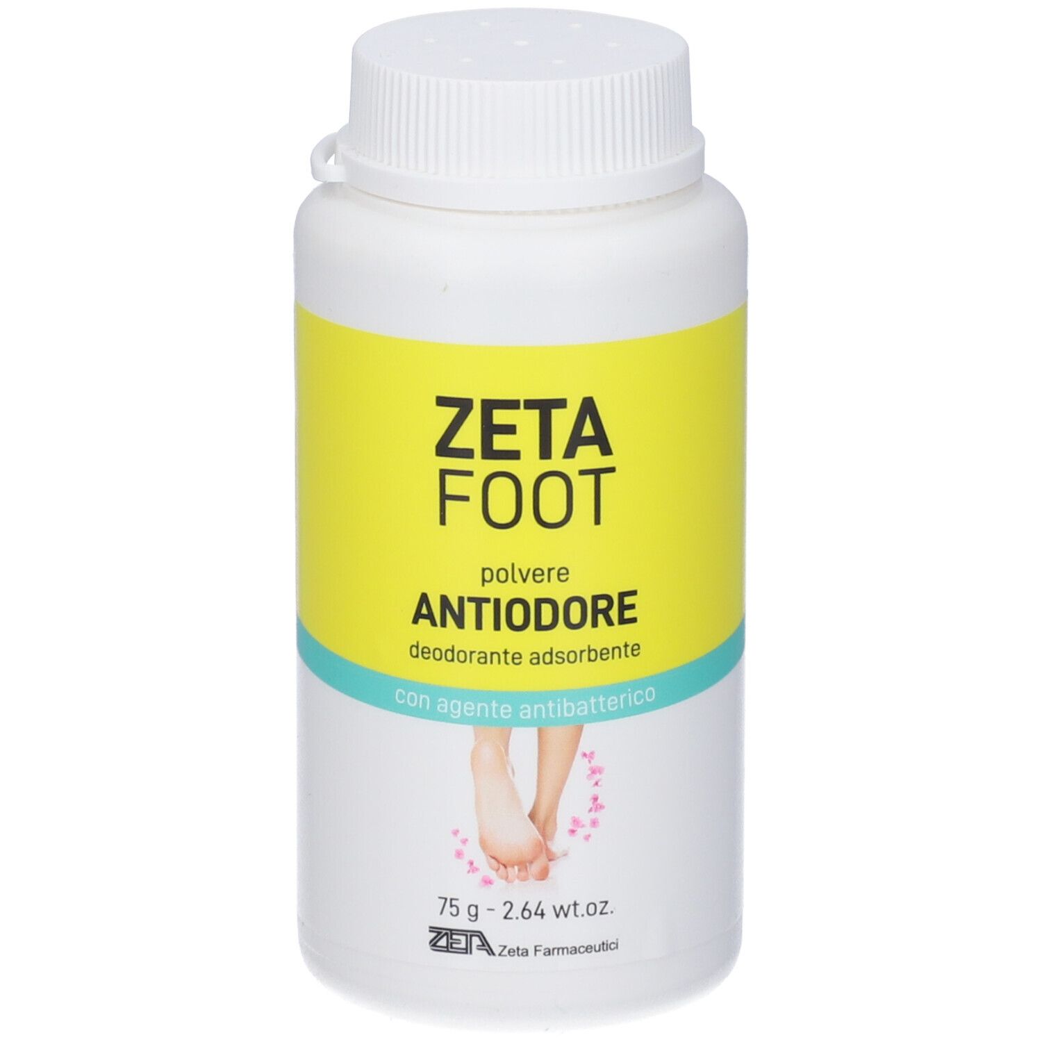Zetafoot Polvere Antiodore. Flacone bianco con etichetta gialla. Scritta: ZETA FOOT, Antiodore, deodorante, 75g.