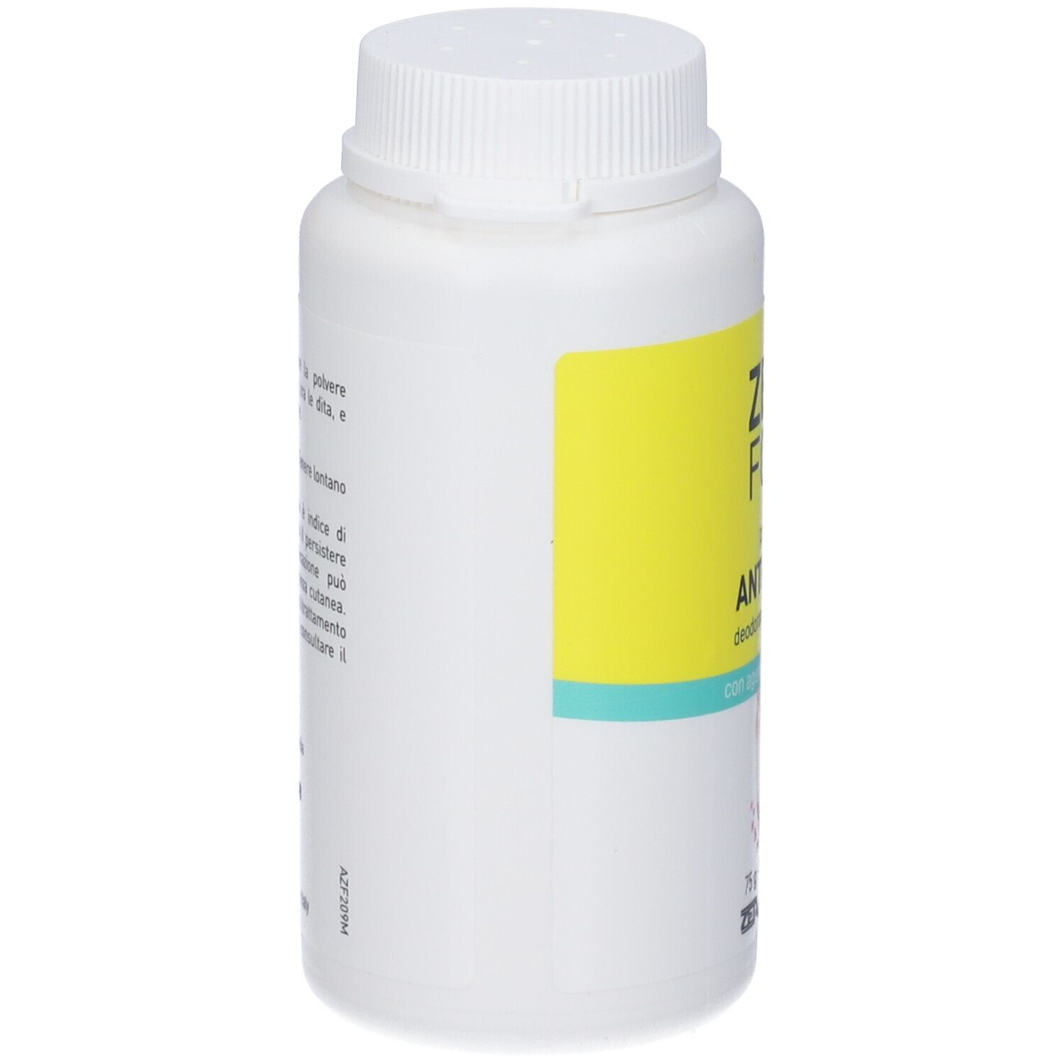 Zetafoot Polvere Antiodore. Flacone bianco, vista laterale. Etichetta gialla con testo. Coperchio bianco.