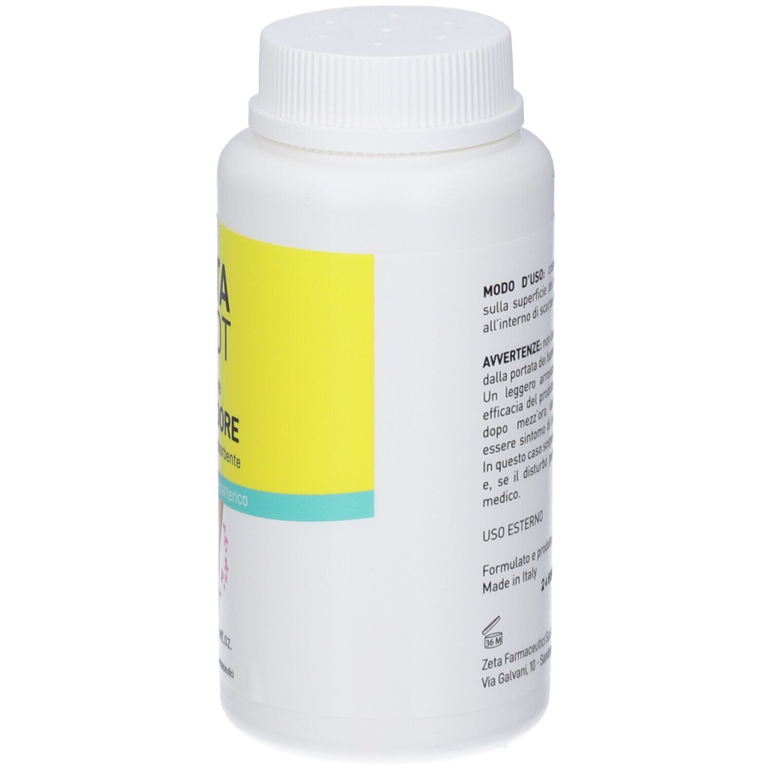 Zetafoot Polvere Antiodore. Flacone bianco, retro. Testo in italiano. Coperchio bianco.