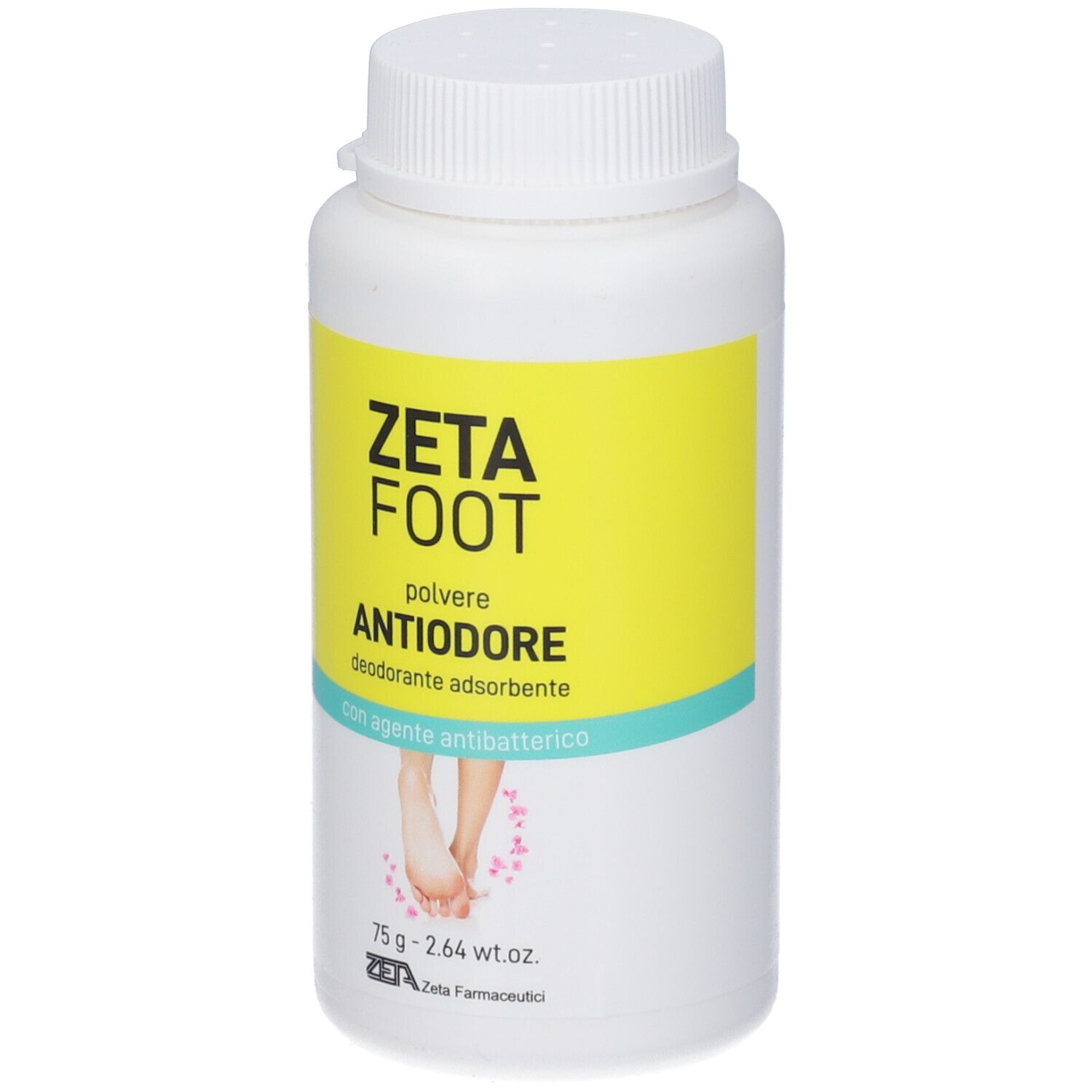 Zetafoot Polvere Antiodore. Flacone bianco con etichetta gialla. Scritta: ZETA FOOT, Antiodore, deodorante, 75g.
