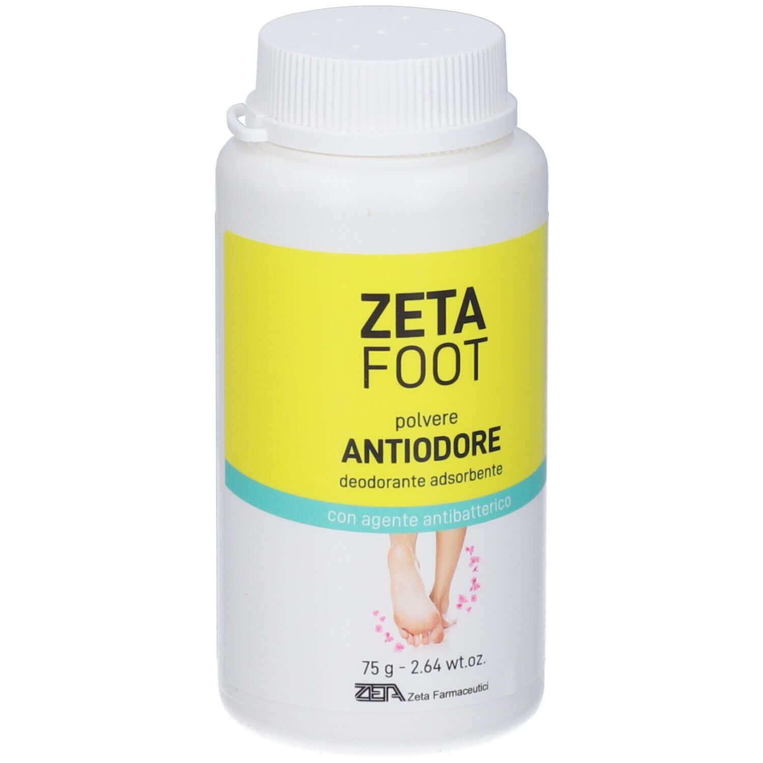 Zetafoot Polvere Antiodore. Flacone bianco con etichetta gialla. Scritta: ZETA FOOT, Antiodore, deodorante, 75g.
