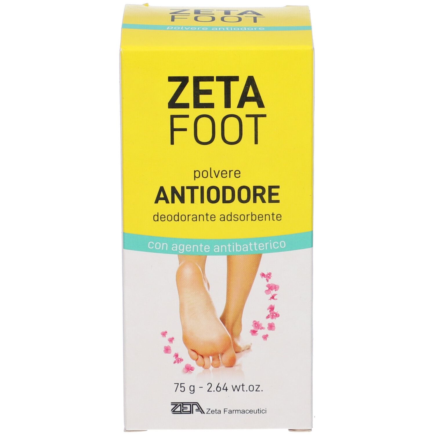 Zetafoot Polvere Antiodore. Scatola gialla. Scritta: ZETA FOOT, Antiodore, deodorante, 75g.