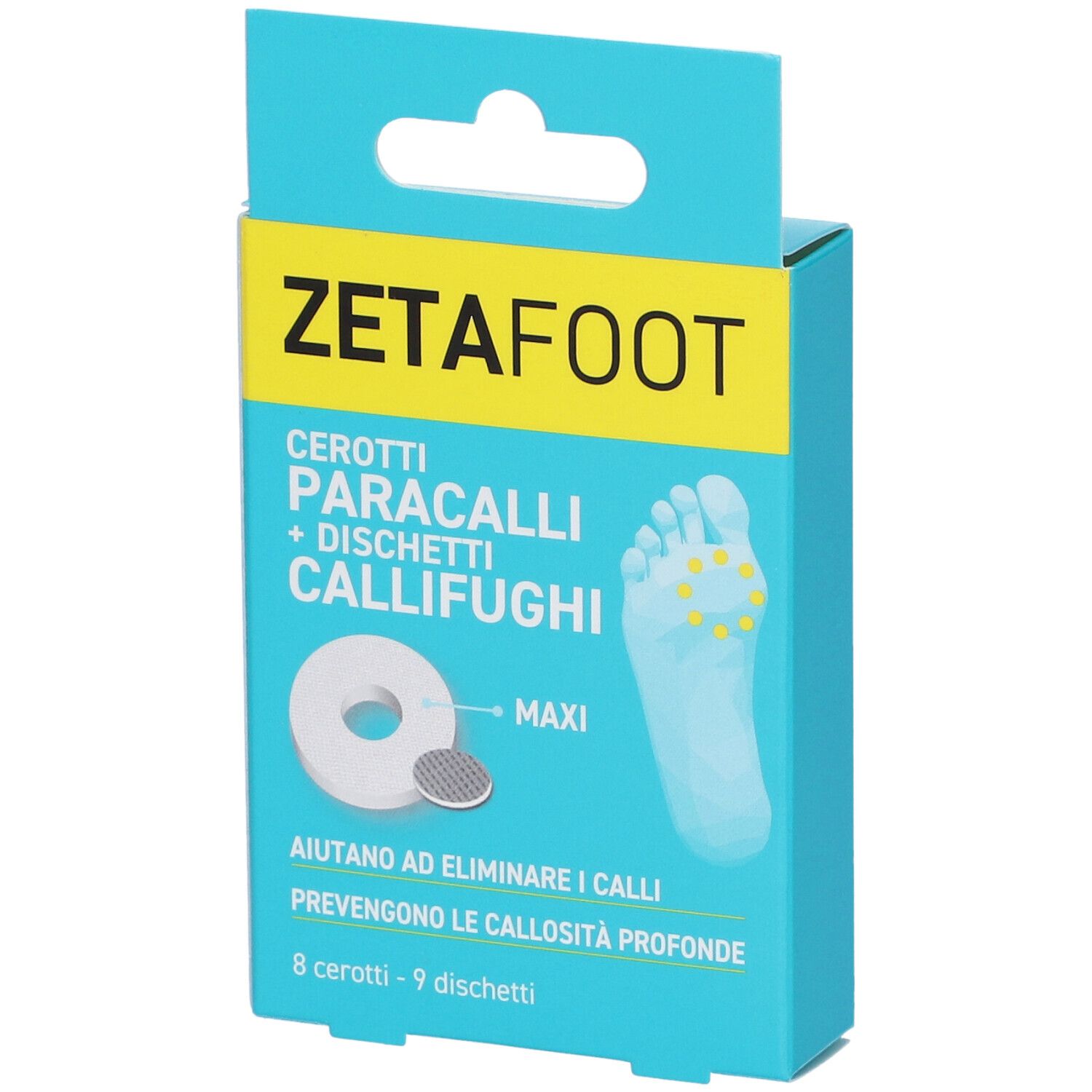 Confezione ZETAFOOT. Contiene cerotti e dischetti callifughi. Scritto: Aiuta a rimuovere i calli e previene le callosità profonde. 8 cerotti - 9 dischetti.