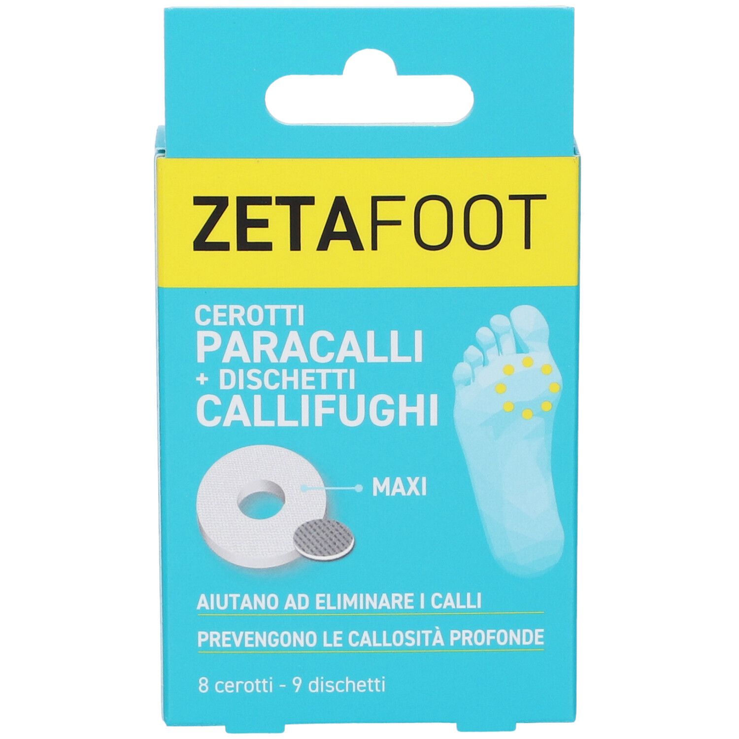 Confezione ZETAFOOT. Contiene cerotti e dischetti callifughi. Scritto: Aiuta a rimuovere i calli e previene le callosità profonde. 8 cerotti - 9 dischetti.