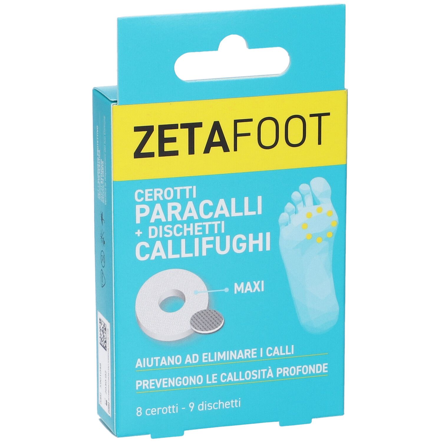 Confezione ZETAFOOT. Contiene cerotti e dischetti callifughi. Scritto: Aiuta a rimuovere i calli e previene le callosità profonde. 8 cerotti - 9 dischetti.